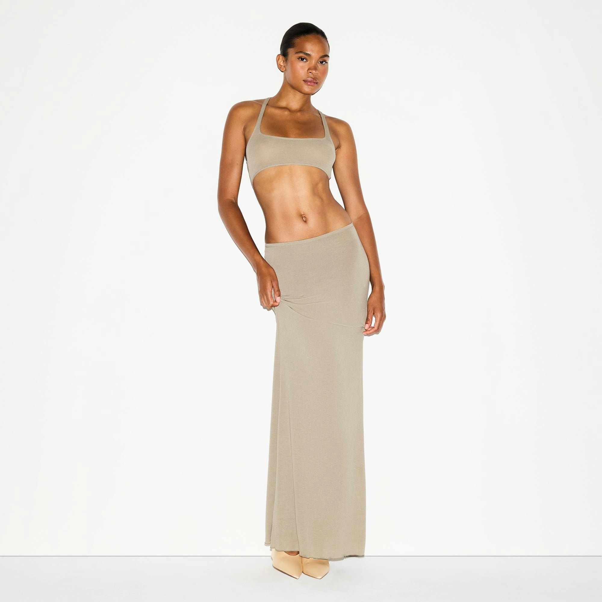 SHEER MODAL SCOOP BRALETTE | DUNE ON A MODEL FRONT VIEW @ | FOCUS: 0.0, 1.0, 0.9