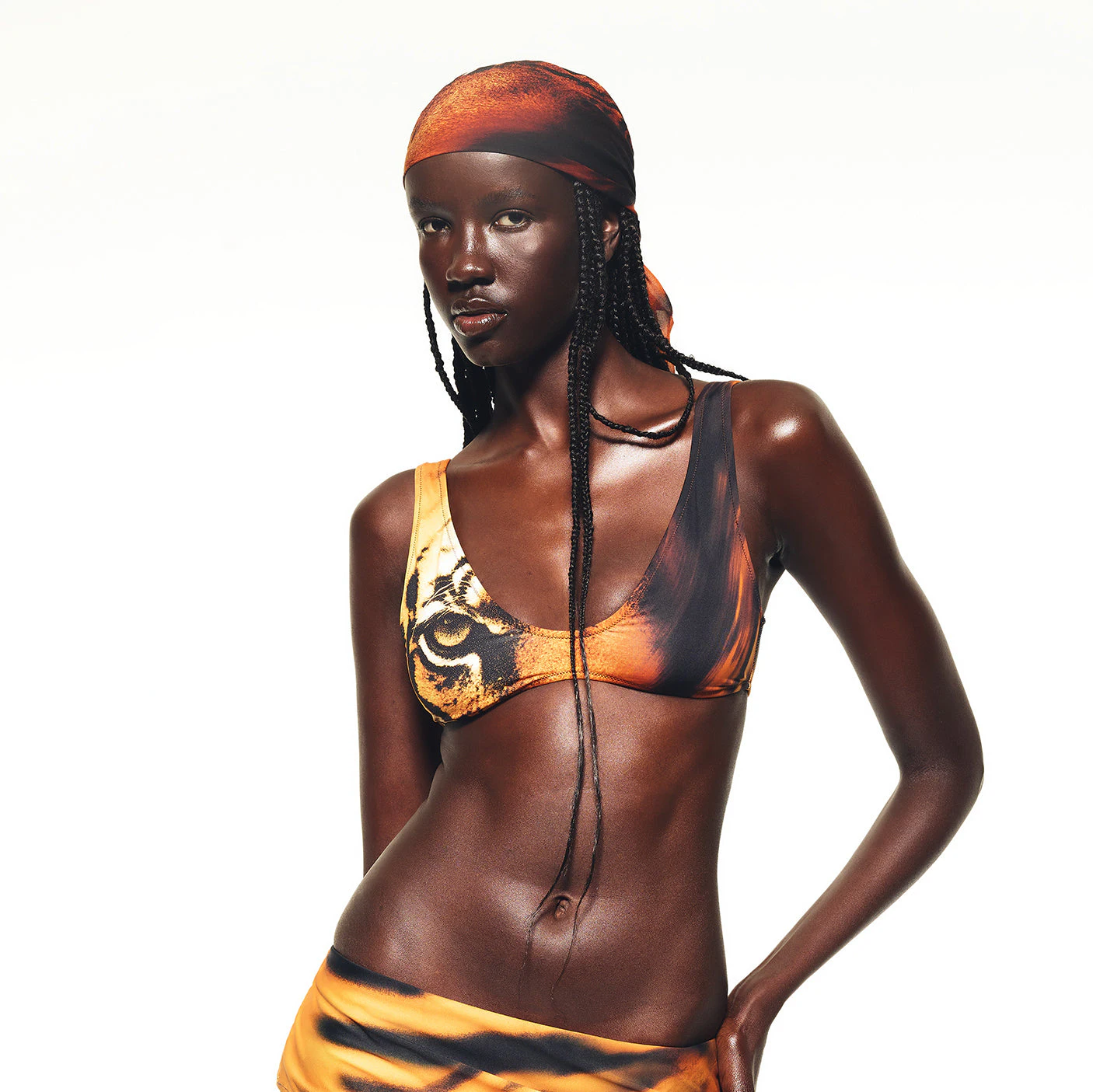 ROBERTO CAVALLI X SKIMS HEAD SCARF | TIGER FACE PRINT ON A MODEL FRONT VIEW