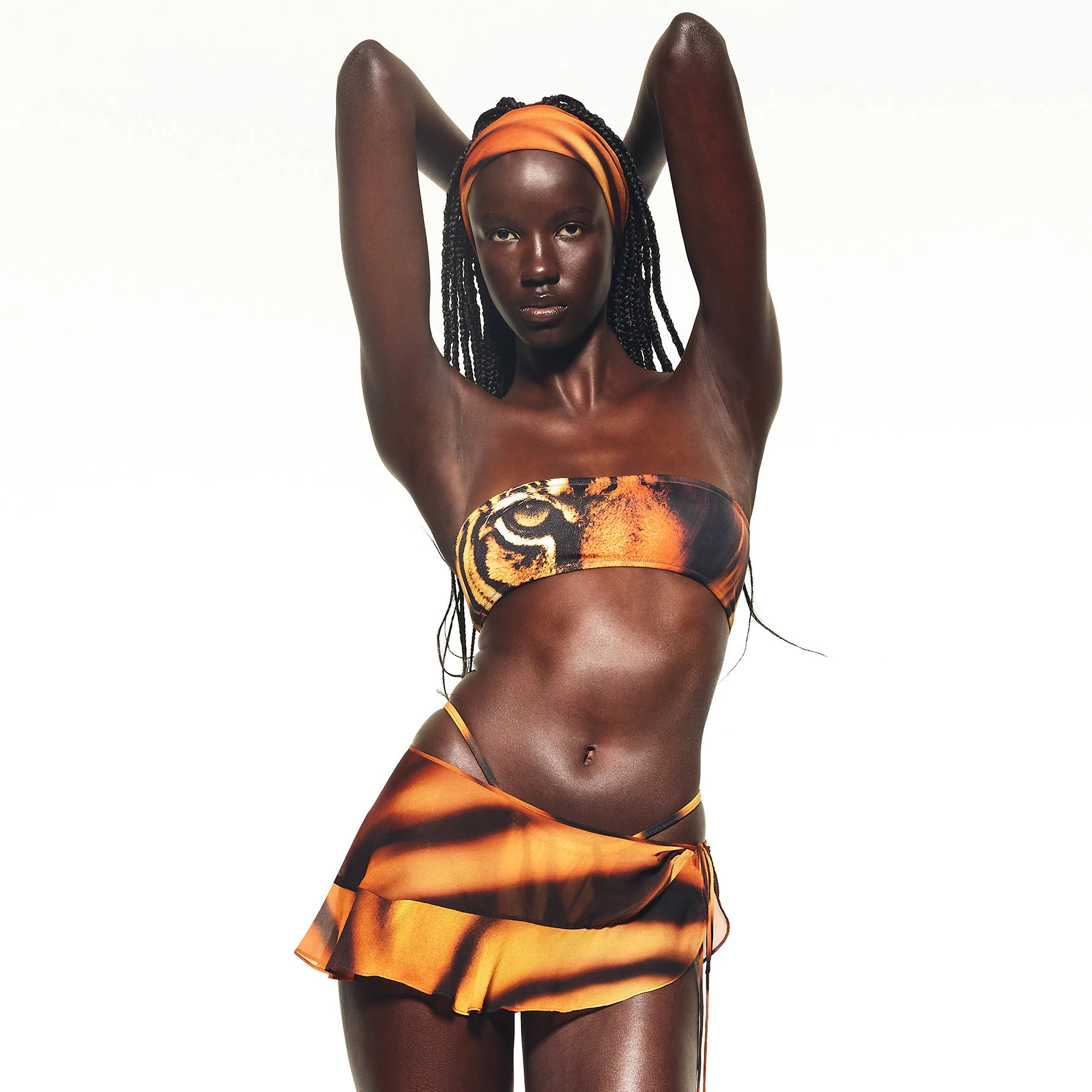 ROBERTO CAVALLI X SKIMS HEAD SCARF | TIGER FACE PRINT ON A MODEL FRONT VIEW