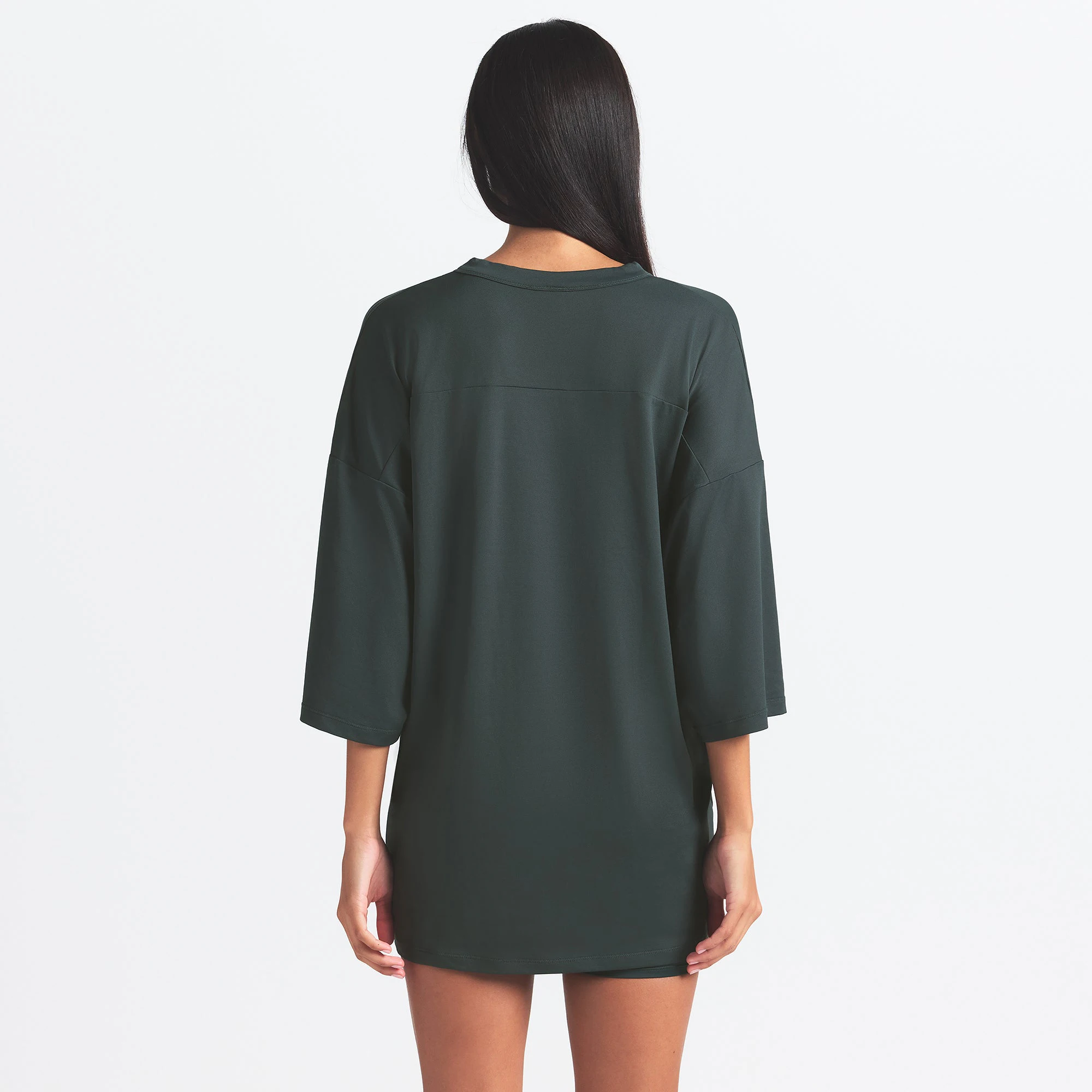 NikeSKIMS AIRY V-NECK OVERSIZED TOP | DARK TEAL ON A MODEL SIDE VIEW @ | FOCUS: 0.0, 1.0, 0.9