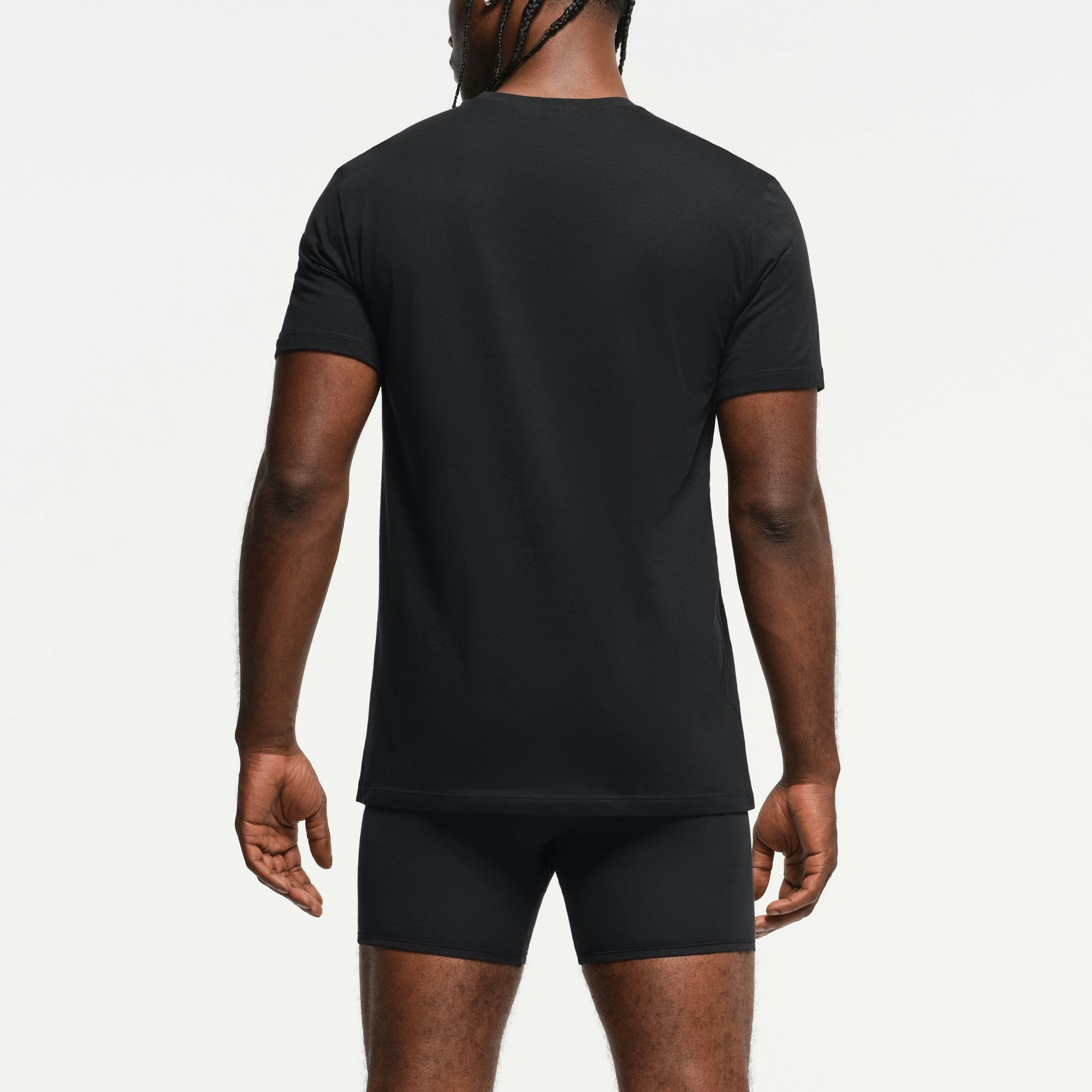 SKIMS BASICS MENS LIGHTWEIGHT T-SHIRT 3-PACK | OBSIDIAN ON A MODEL BACK VIEW