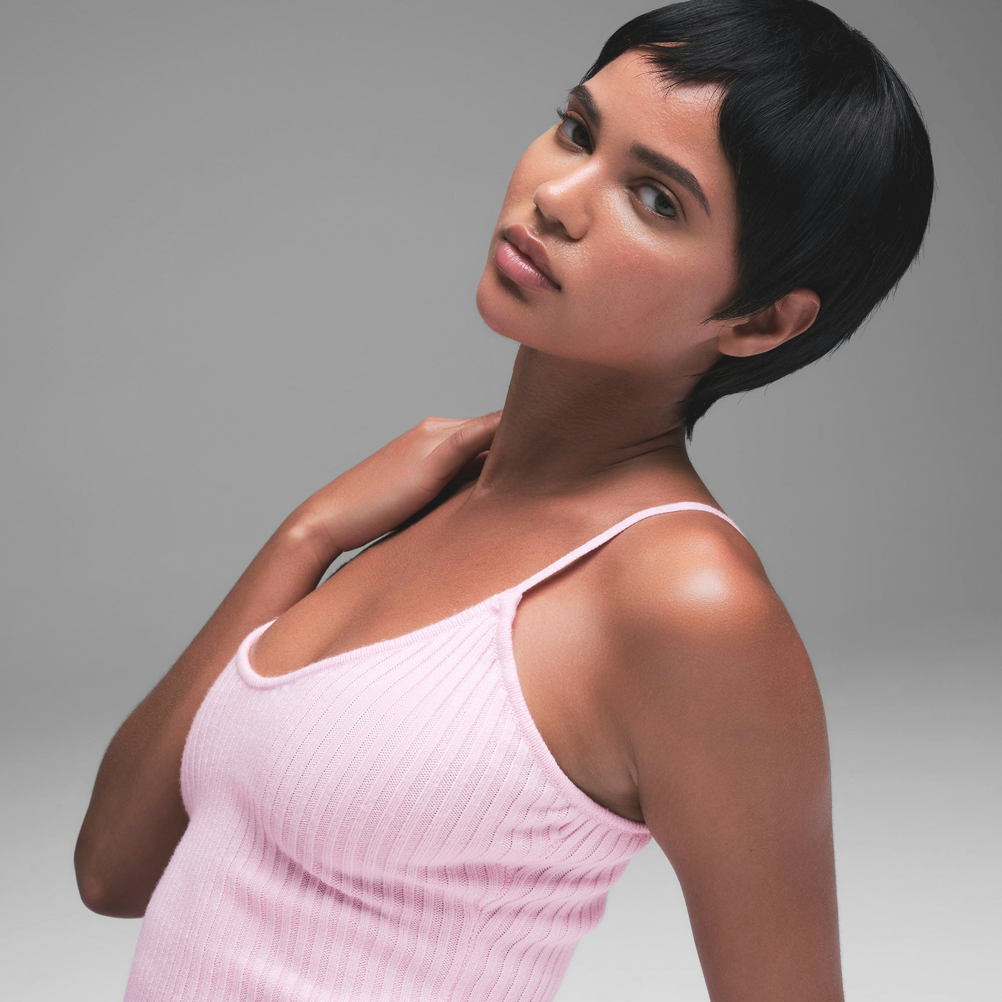CABLE KNIT CAMI | BABY PINK ON A MODEL BACK VIEW | FOCUS: 0.0, 1.0, 0.9