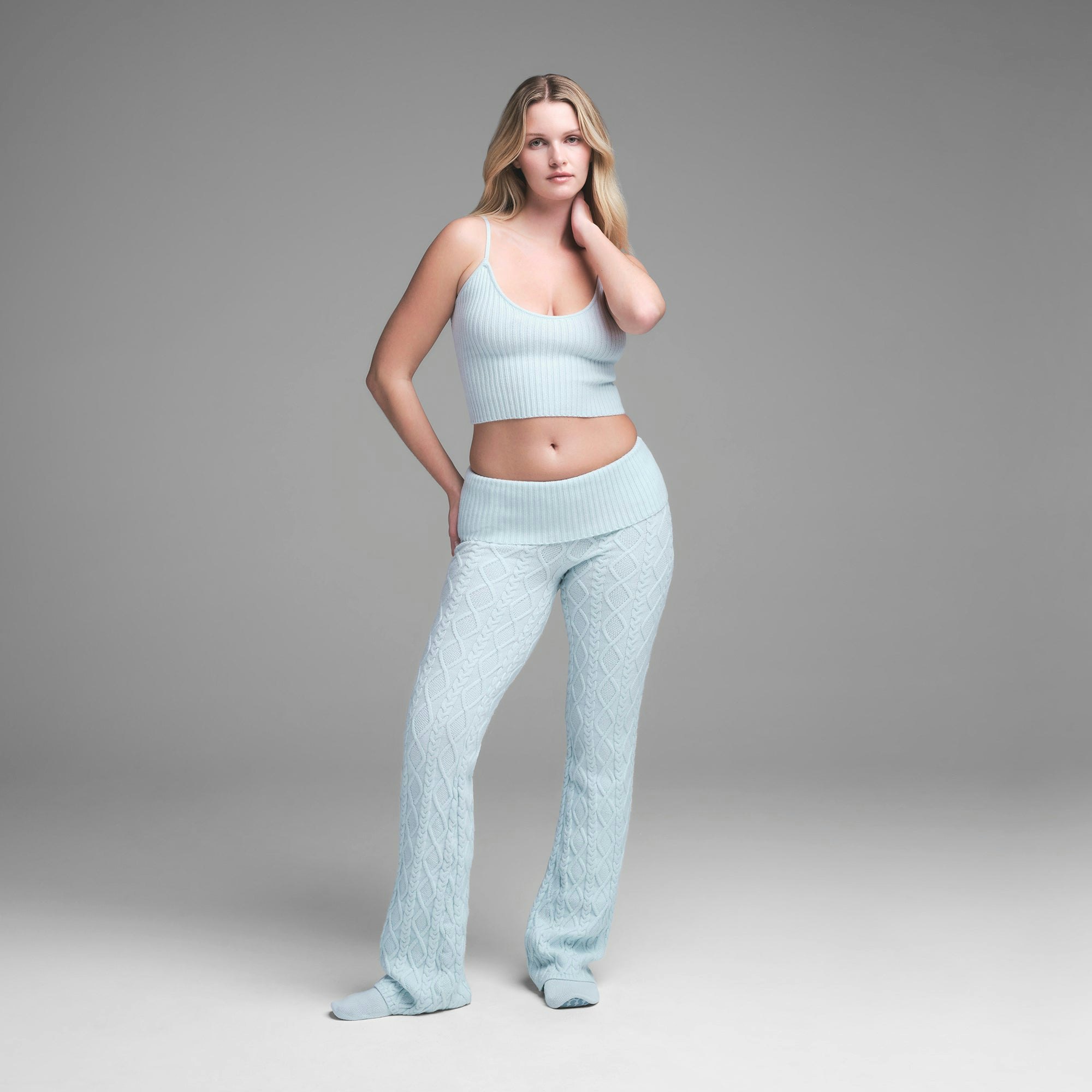 CABLE KNIT CAMI | CLOUD ON A MODEL FRONT VIEW | FOCUS: 0.0, 1.0, 0.9