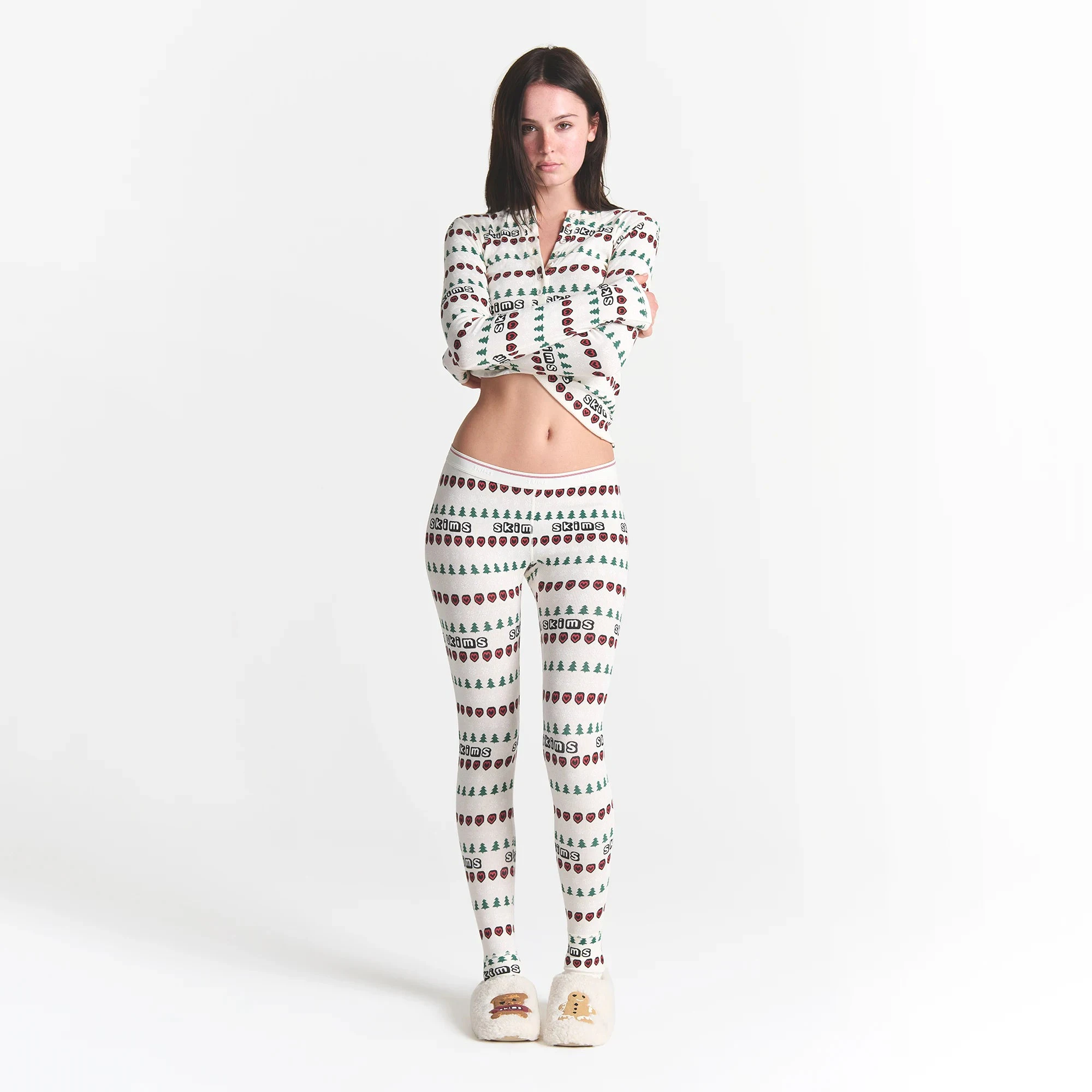CACTUS PLANT FLEA MARKET X SKIMS COTTON RIB HENLEY AND LEGGING SET | MARBLE PINE FAIR ISLE ON A MODEL FRONT VIEW @ | FOCUS: 0.0, 1.0, 0.9