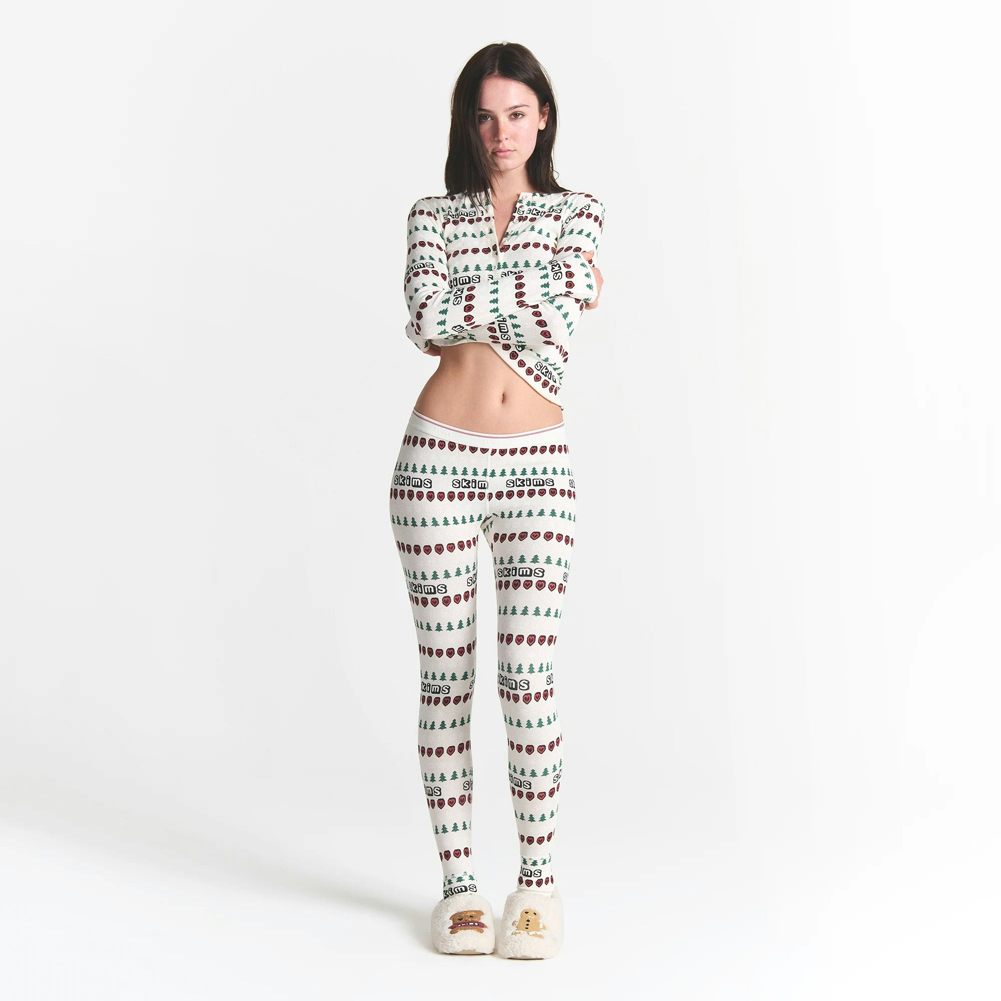 CACTUS PLANT FLEA MARKET X SKIMS COTTON RIB HENLEY AND LEGGING SET | MARBLE PINE FAIR ISLE ON A MODEL FRONT VIEW @ | FOCUS: 0.0, 1.0, 0.9