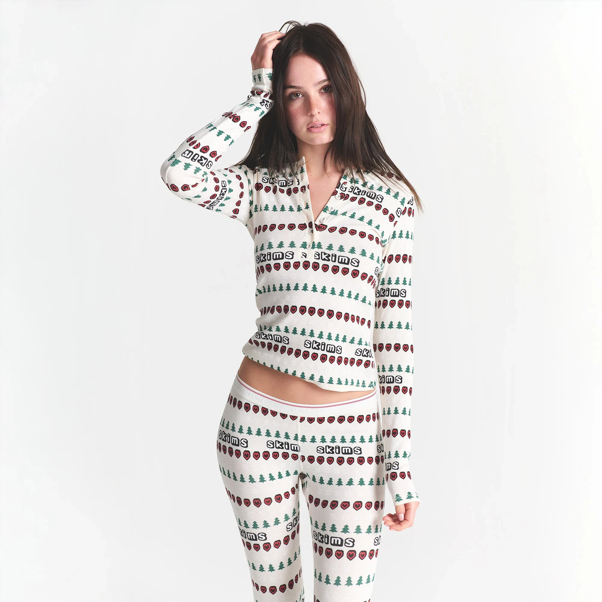 CACTUS PLANT FLEA MARKET X SKIMS COTTON RIB HENLEY AND LEGGING SET | MARBLE PINE FAIR ISLE ON A MODEL FRONT VIEW @ | FOCUS: 0.0, 1.0, 0.9