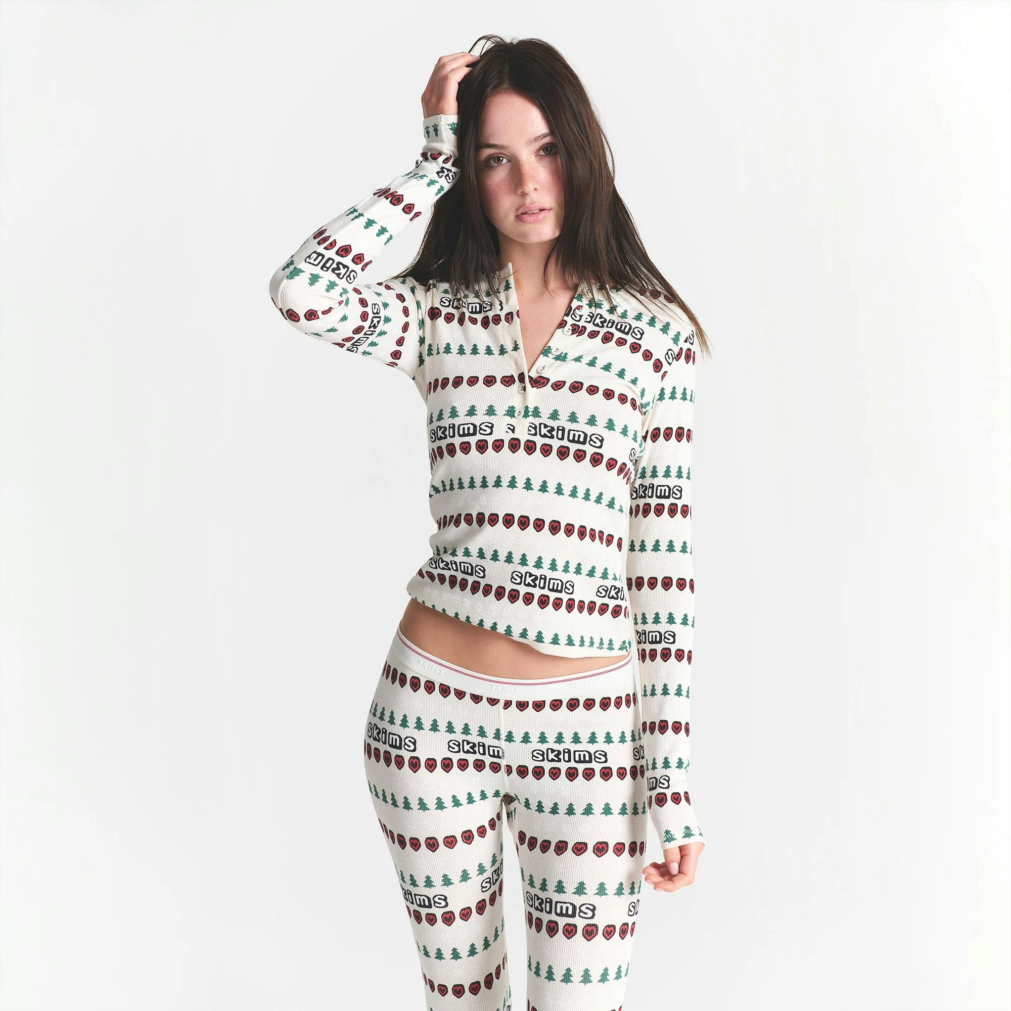 CACTUS PLANT FLEA MARKET X SKIMS COTTON RIB HENLEY AND LEGGING SET | MARBLE PINE FAIR ISLE ON A MODEL FRONT VIEW @ | FOCUS: 0.0, 1.0, 0.9