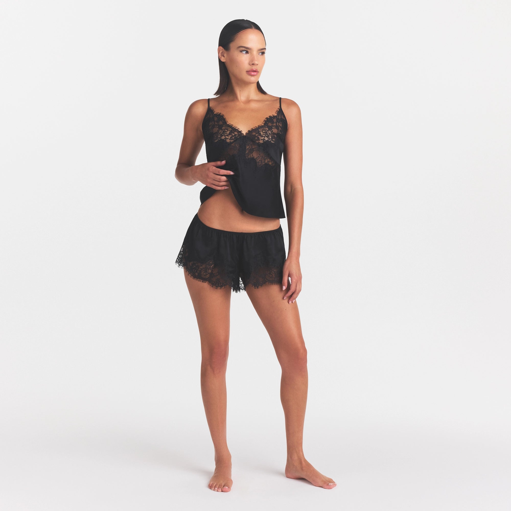 SILK LACE CAMI | ONYX ON A MODEL FRONT VIEW