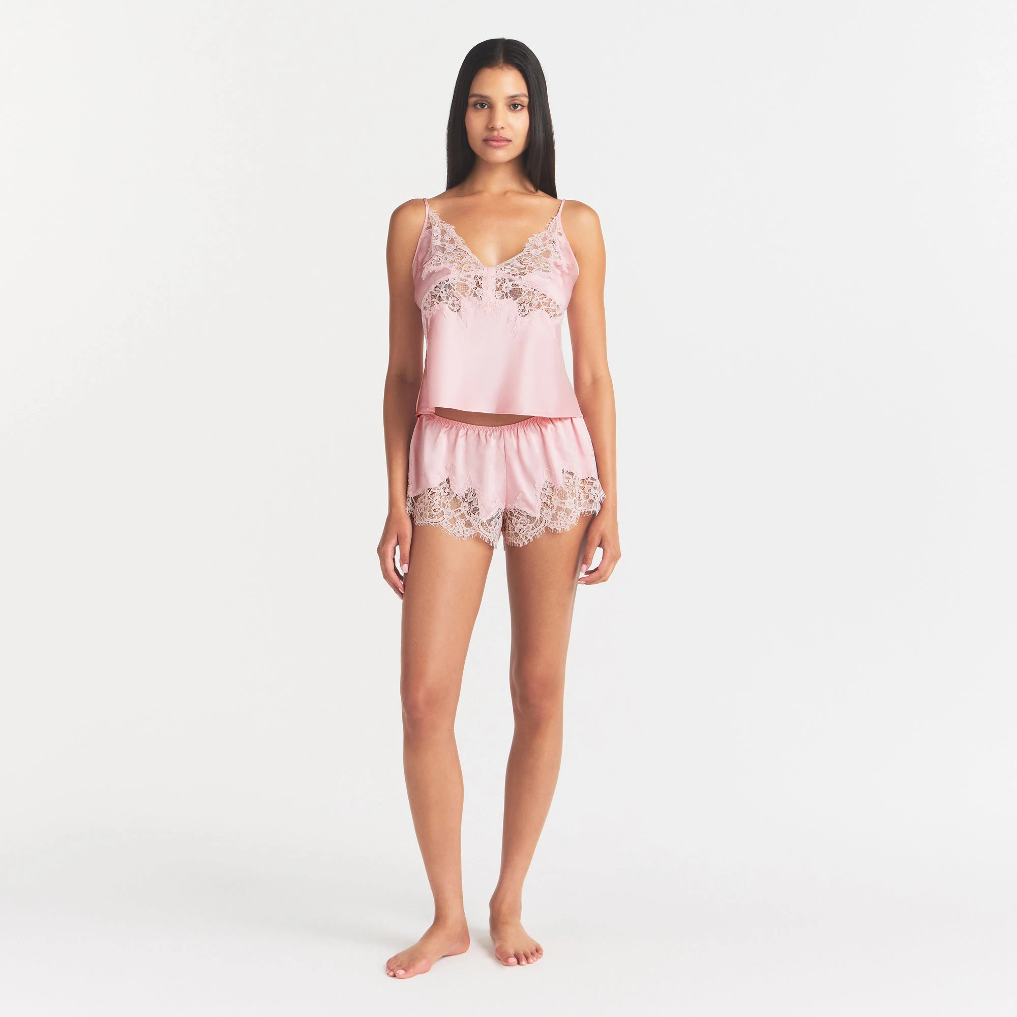 SILK LACE CAMI | PEONY TONAL ON A MODEL FRONT VIEW @ | FOCUS: 0.0, 1.0, 0.9