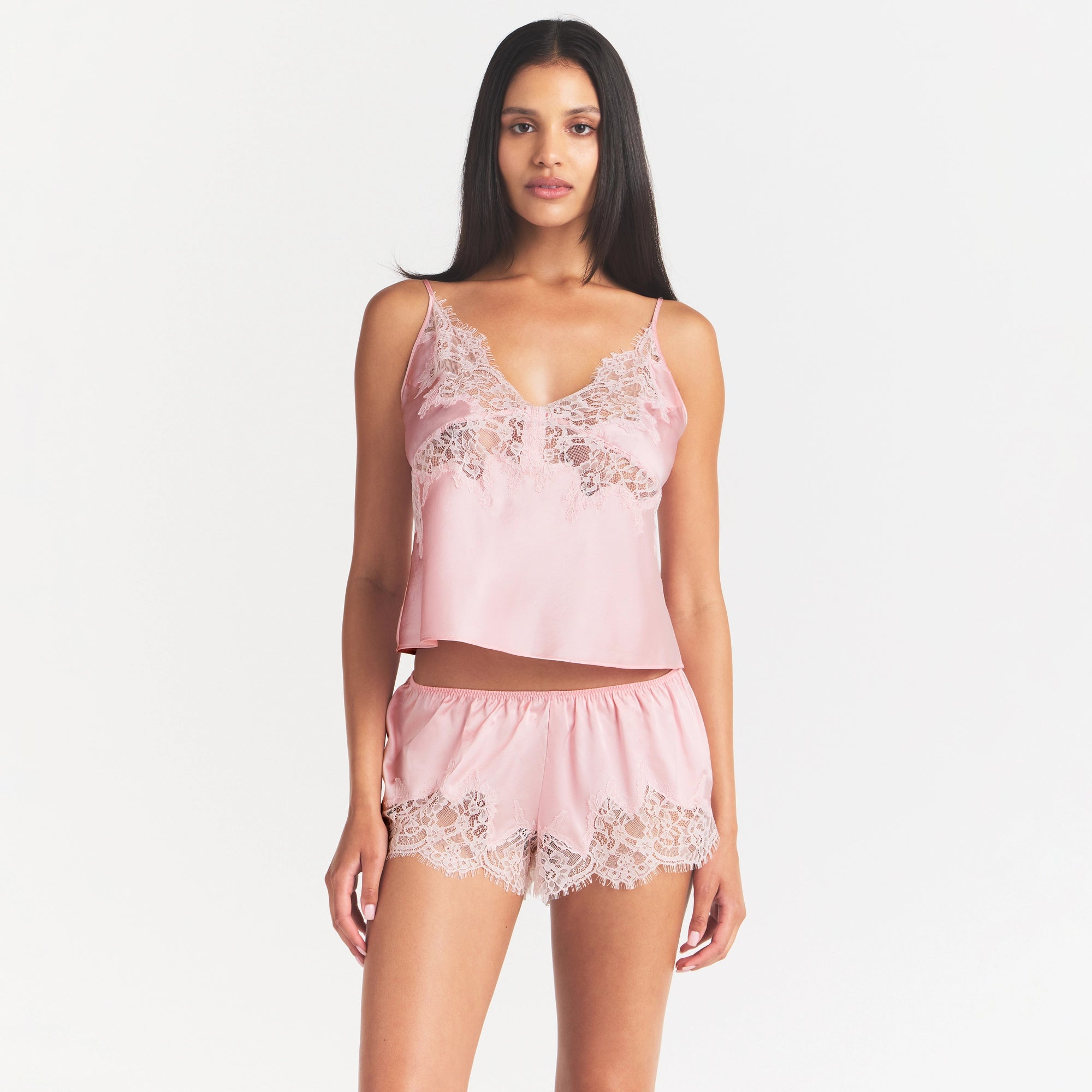 SILK LACE CAMI | PEONY TONAL ON A MODEL SIDE VIEW @ | FOCUS: 0.0, 1.0, 0.9