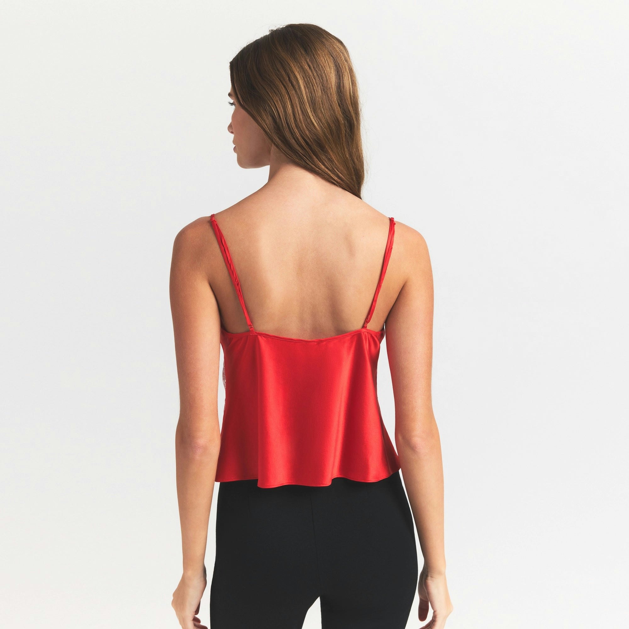 SILK LACE CAMI | RUBY CONTRAST ON A MODEL SIDE VIEW @ | FOCUS: 0.0, 1.0, 0.9