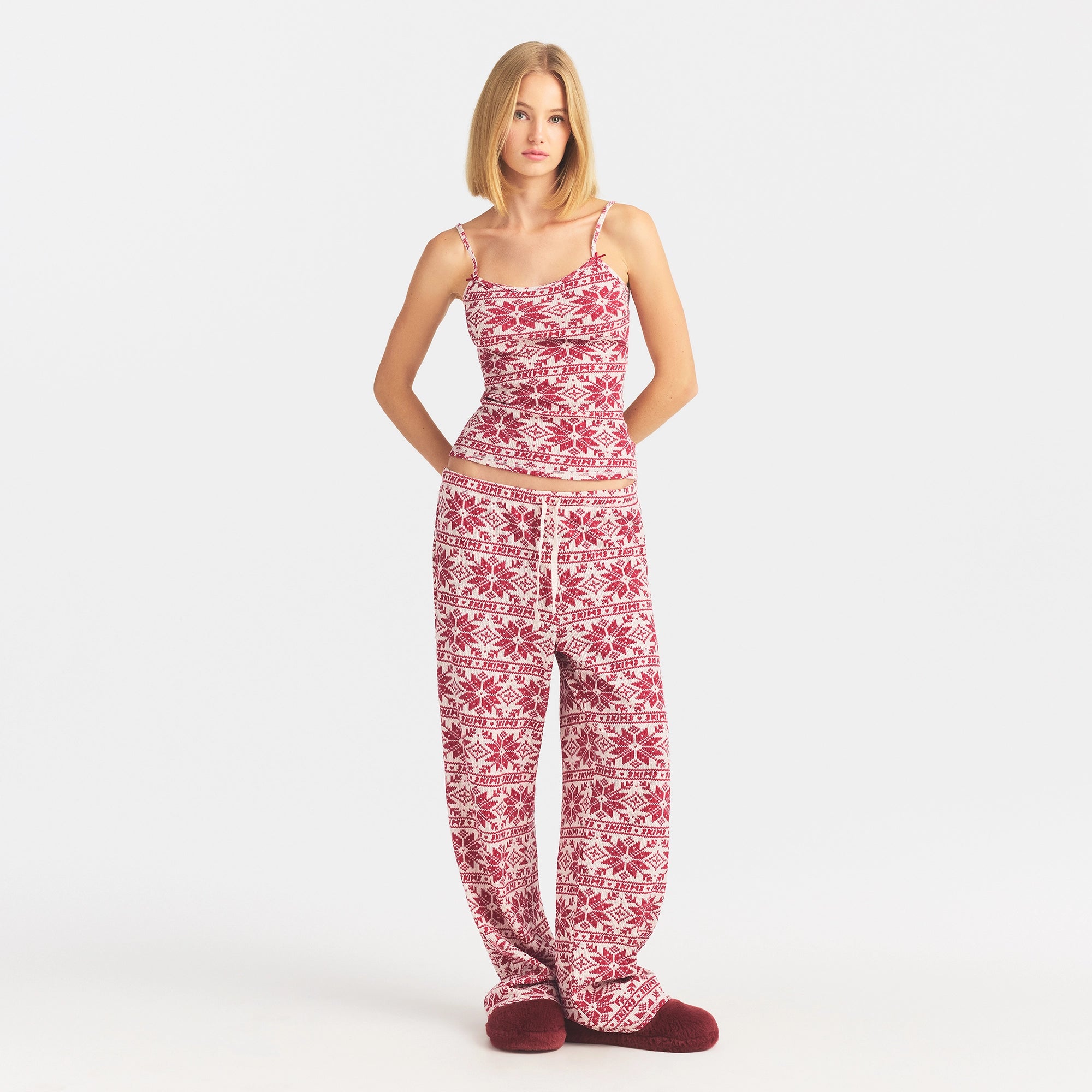 WAFFLE CAMI AND PANT SLEEP SET | SUGAR RED CRYSTAL FAIRISLE ON A MODEL FRONT VIEW @ | FOCUS: 0.0, 1.0, 0.9