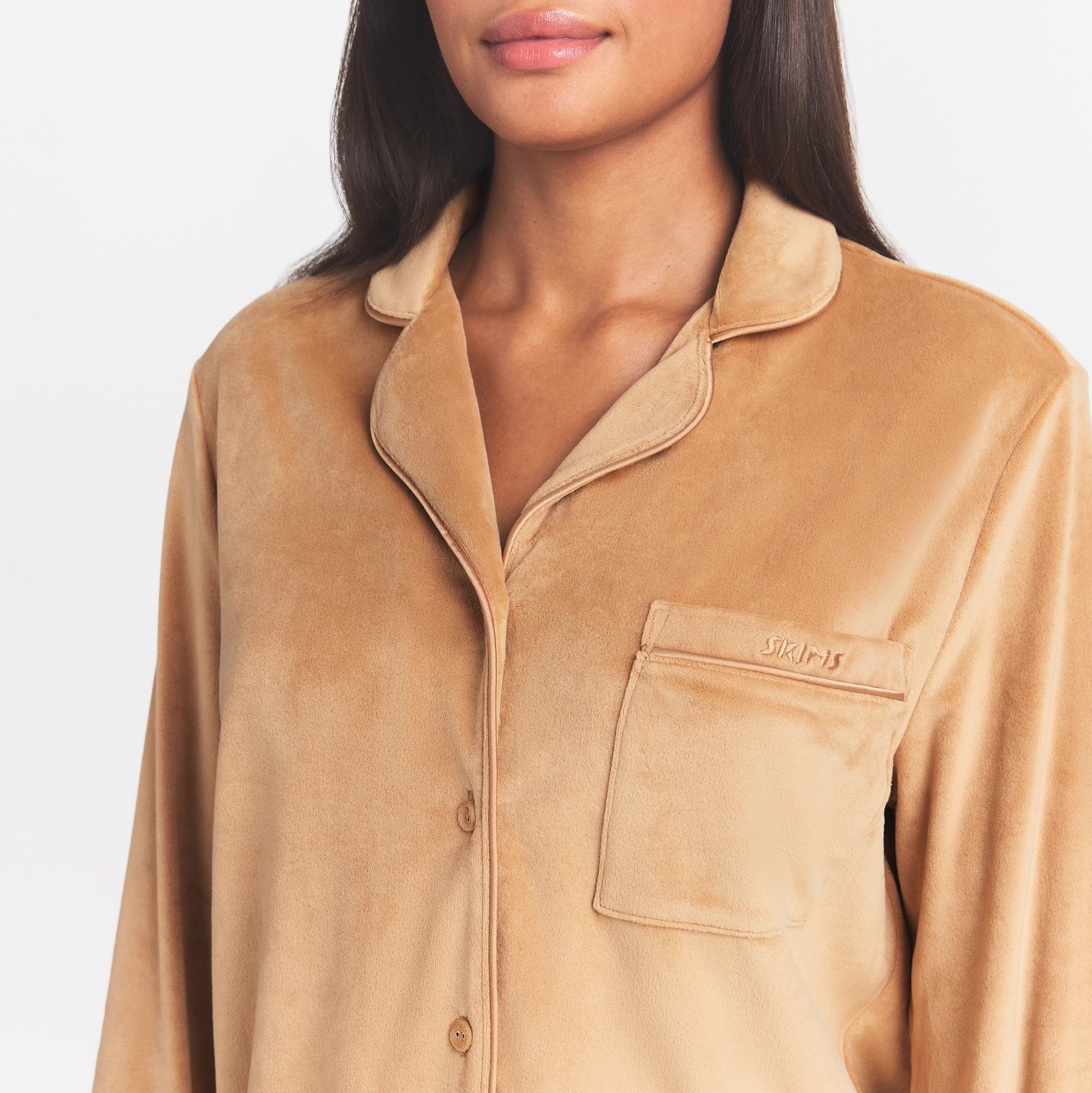 VELOUR LONG SLEEVE AND PANT SLEEP SET | ALMOND ON A MODEL FRONT VIEW @ | FOCUS: 0.0, 1.0, 0.9