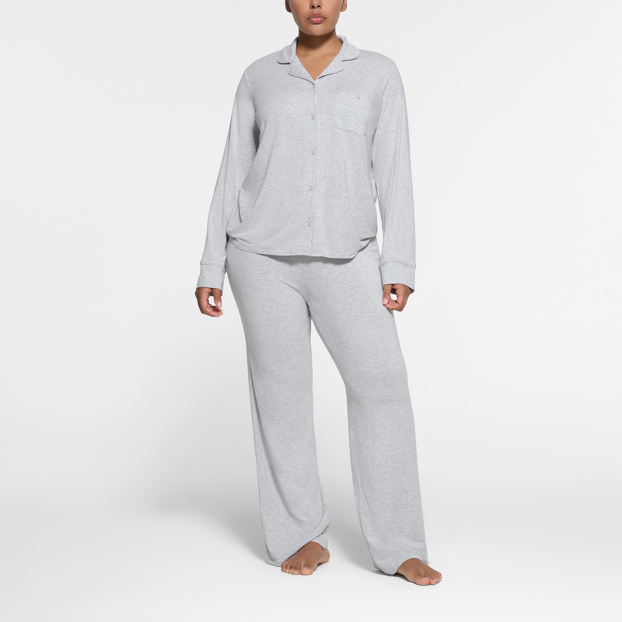SKIMS SLEEP LONG SLEEVE BUTTON UP SET LIGHT HEATHER GREY