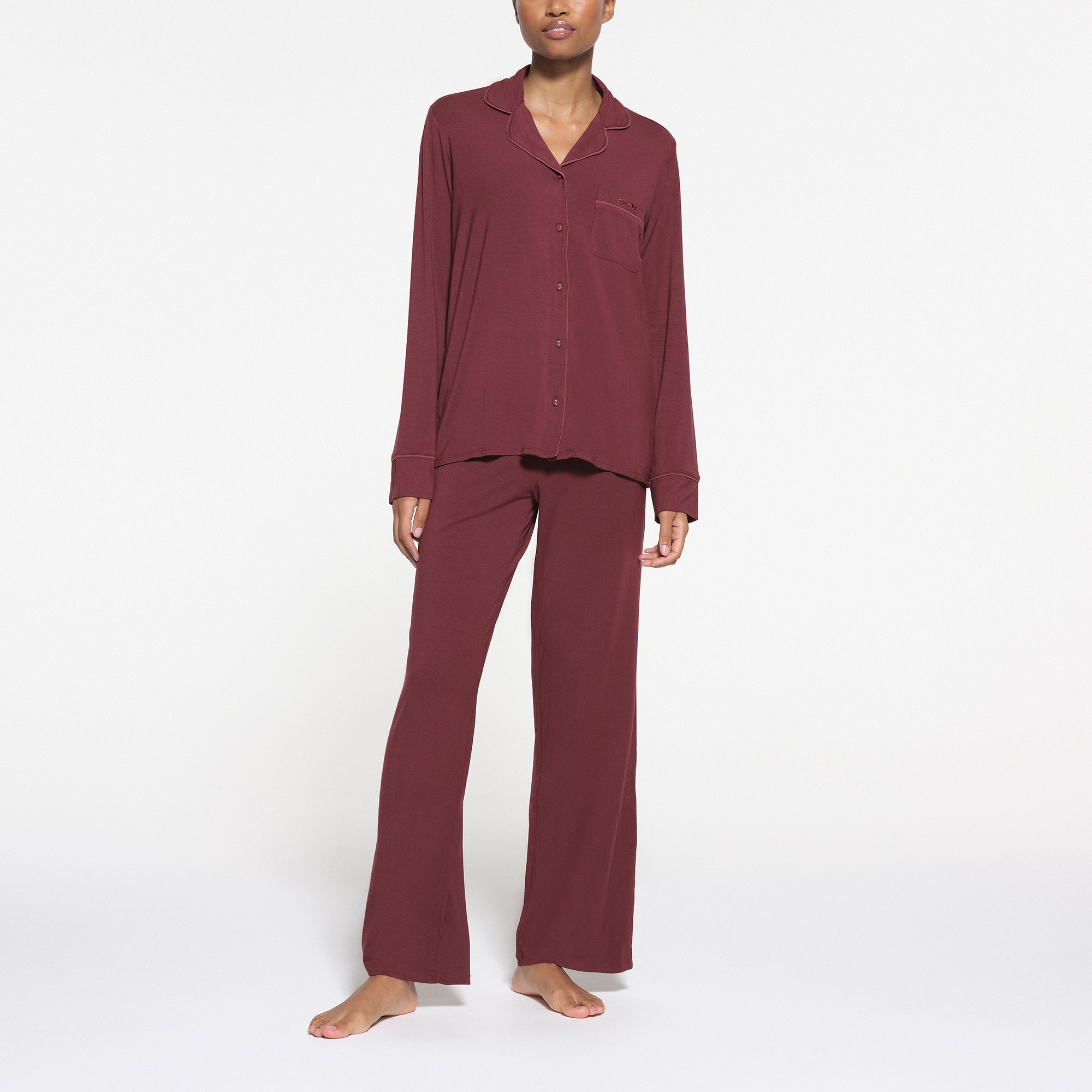 SKIMS SLEEP LONG SLEEVE BUTTON UP SET OXBLOOD