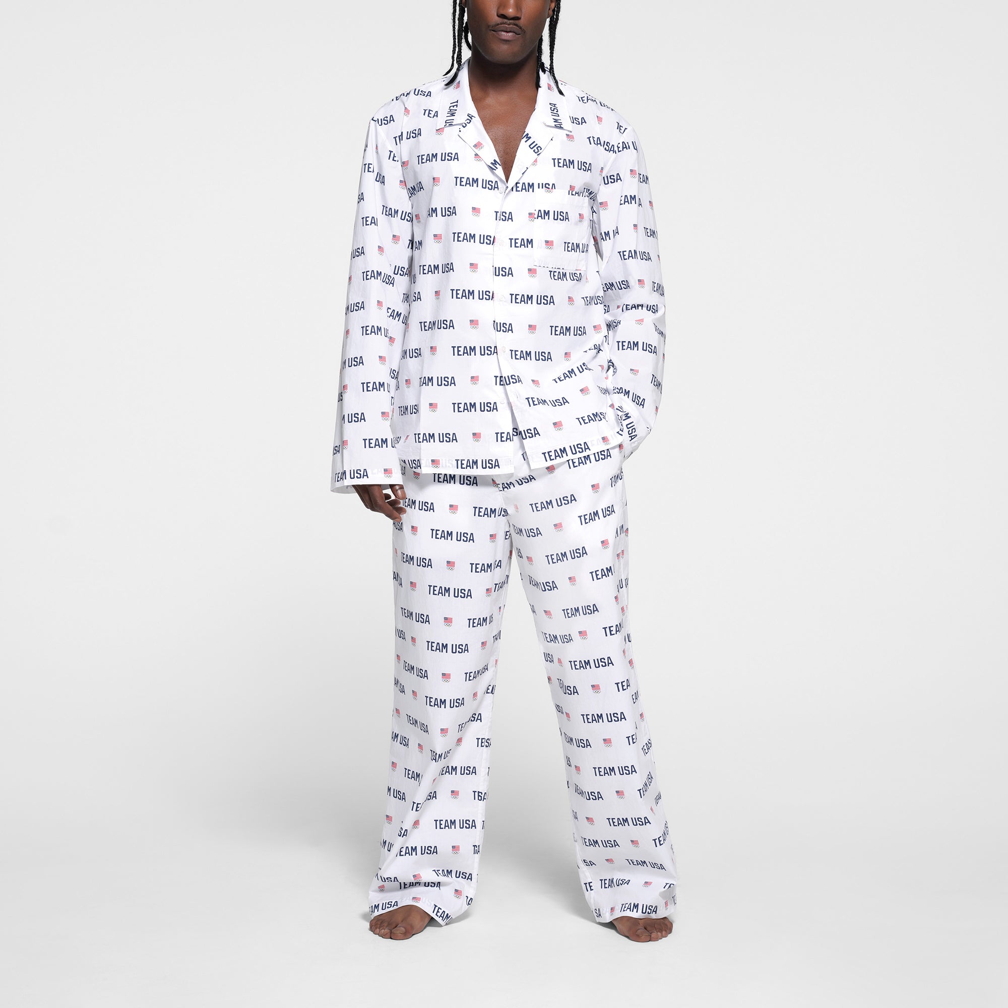 SKIMS FOR TEAM USA COTTON POPLIN SLEEP MENS OLYMPIC LONG SET WHITE XS
