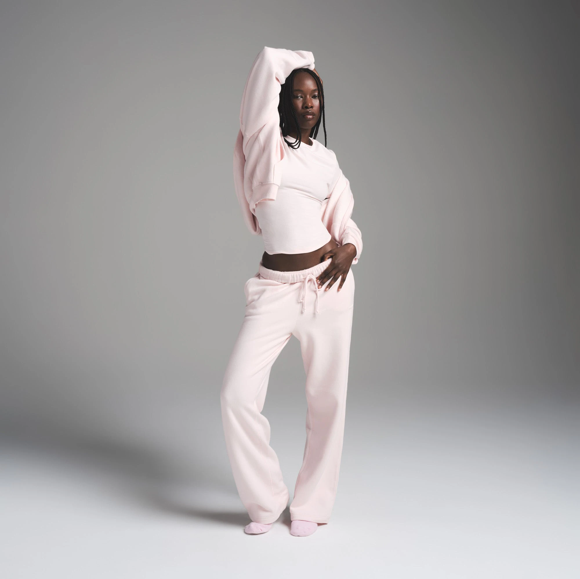 COTTON FLEECE CLASSIC STRAIGHT LEG PANT | BARELY PINK ON A MODEL FRONT VIEW | FOCUS: 0.0, 1.0, 0.9
