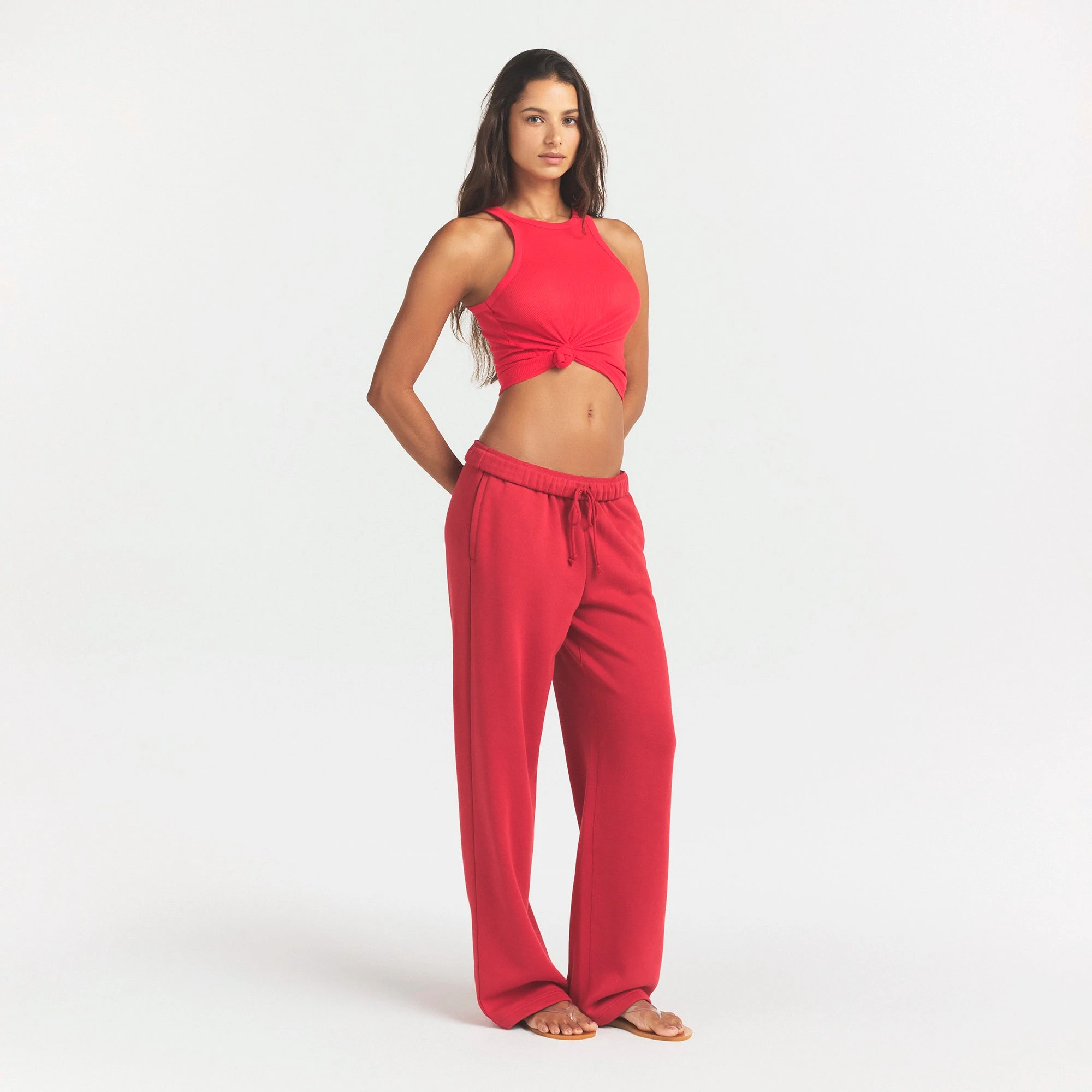 COTTON FLEECE CLASSIC STRAIGHT LEG PANT | WASHED RED ON A MODEL SIDE VIEW @ | FOCUS: 0.0, 1.0, 0.9