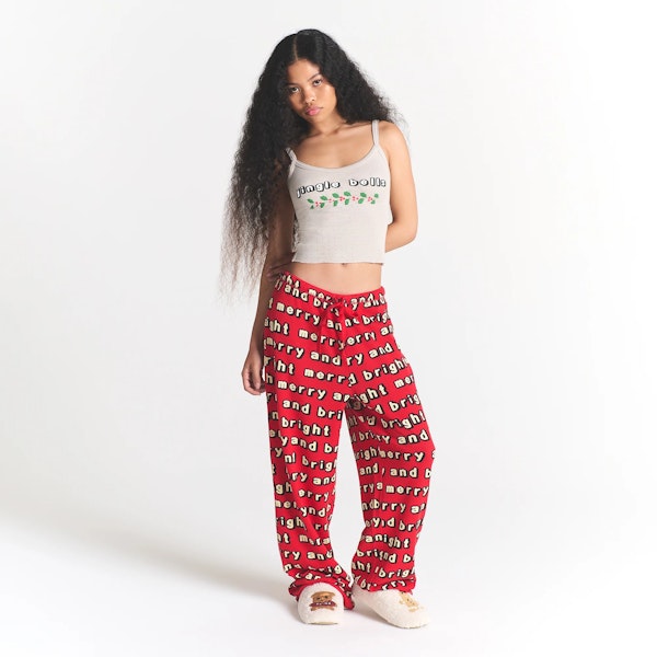 CACTUS PLANT FLEA MARKET X SKIMS HEAVY POINTELLE AND WAFFLE SLEEP SET| STONE JINGLE BELLS PRINT ON A MODEL FRONT VIEW @ | FOCUS: 0.0, 1.0, 0.9