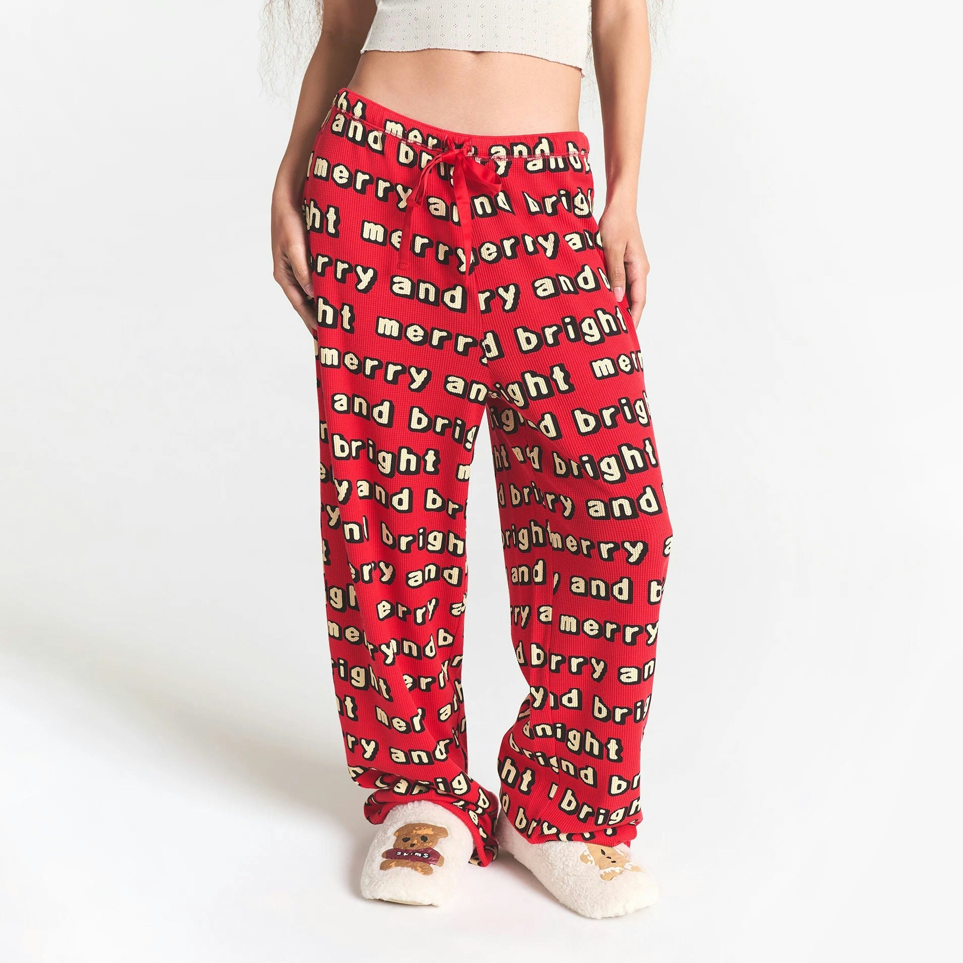 CACTUS PLANT FLEA MARKET X SKIMS HEAVY POINTELLE AND WAFFLE SLEEP SET| STONE JINGLE BELLS PRINT ON A MODEL FRONT VIEW @ | FOCUS: 0.0, 1.0, 0.9