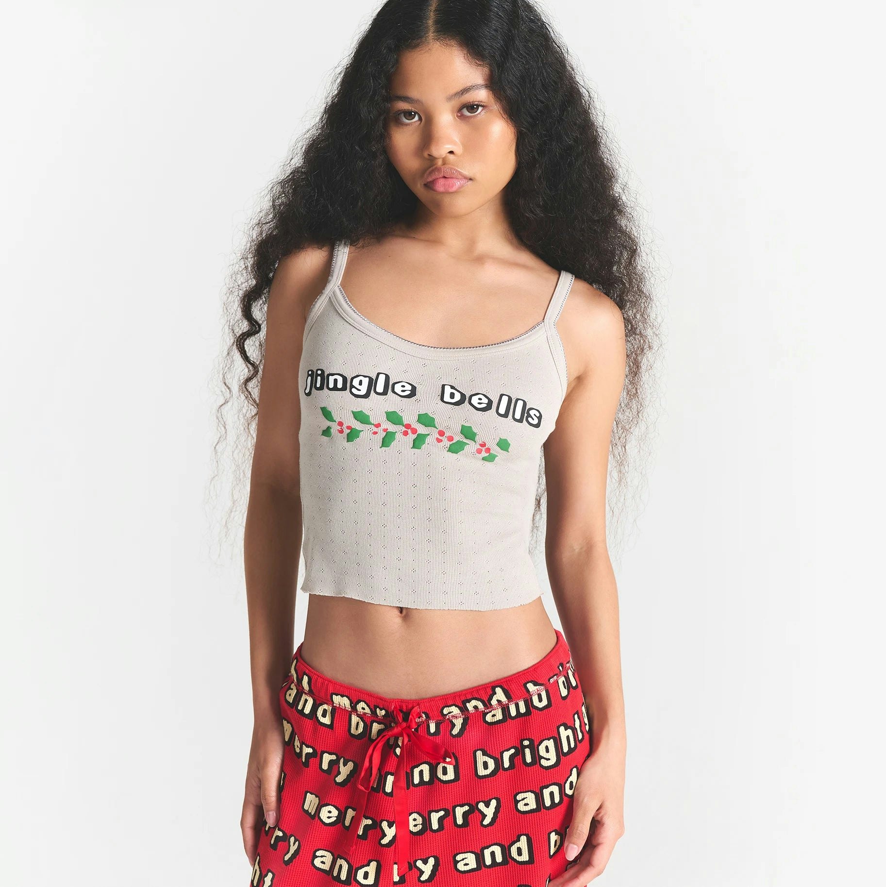 CACTUS PLANT FLEA MARKET X SKIMS HEAVY POINTELLE AND WAFFLE SLEEP SET| STONE JINGLE BELLS PRINT ON A MODEL FRONT VIEW @ | FOCUS: 0.0, 1.0, 0.9