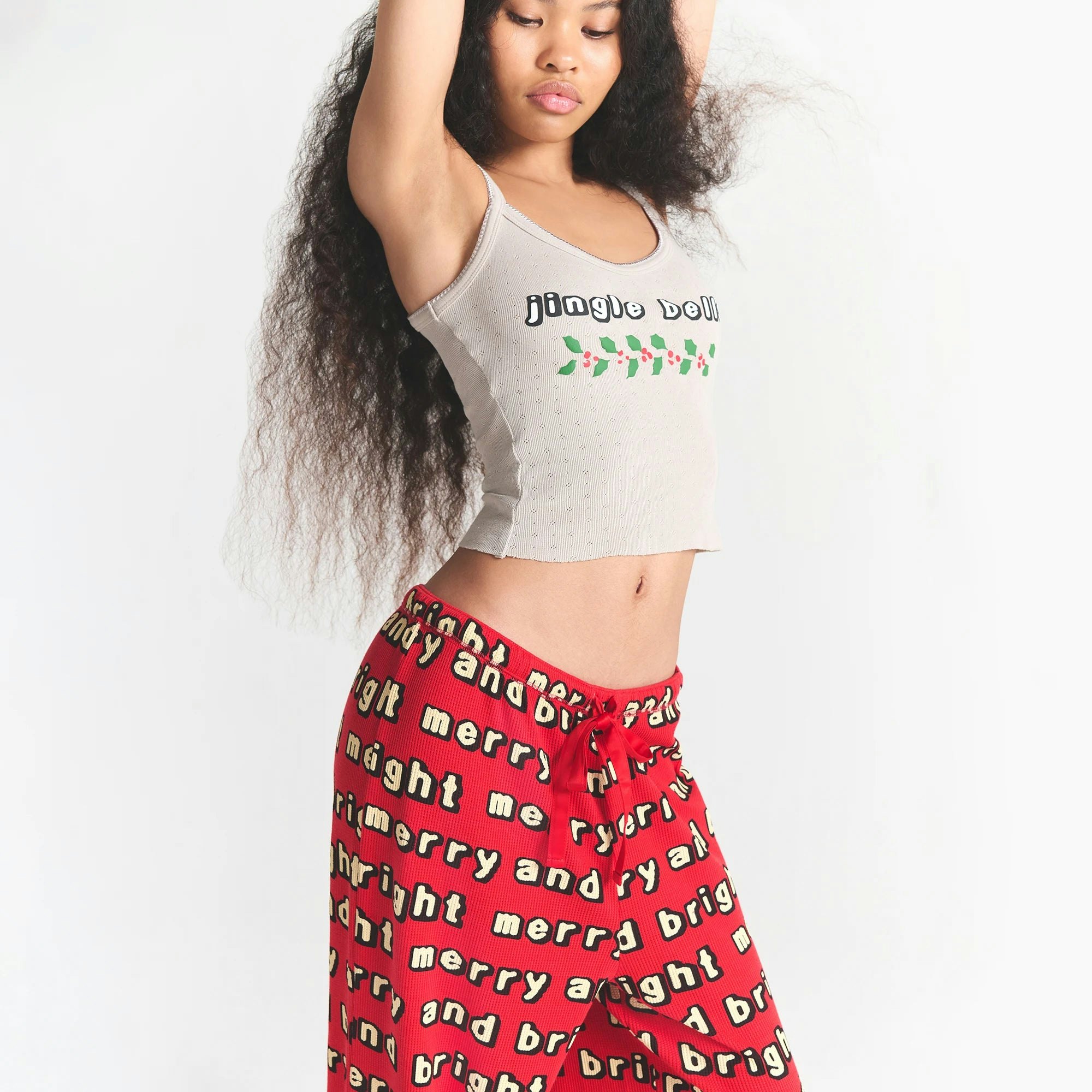 CACTUS PLANT FLEA MARKET X SKIMS HEAVY POINTELLE AND WAFFLE SLEEP SET| STONE JINGLE BELLS PRINT ON A MODEL FRONT VIEW @ | FOCUS: 0.0, 1.0, 0.9