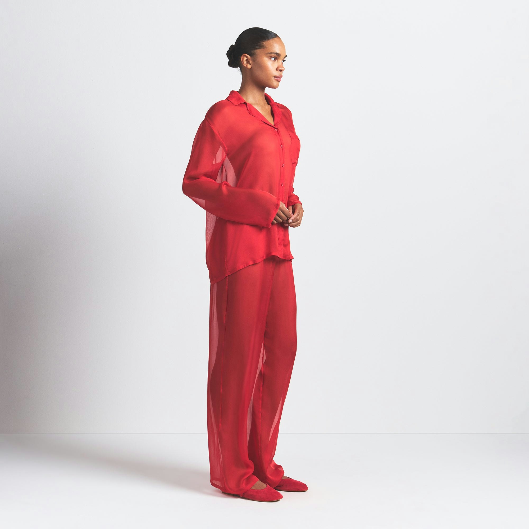 SKIMS ROMANCE BUTTON UP SHIRT AND PANT SET | CRANBERRY ON A MODEL SIDE VIEW @ | FOCUS: 0.0, 1.0, 0.9