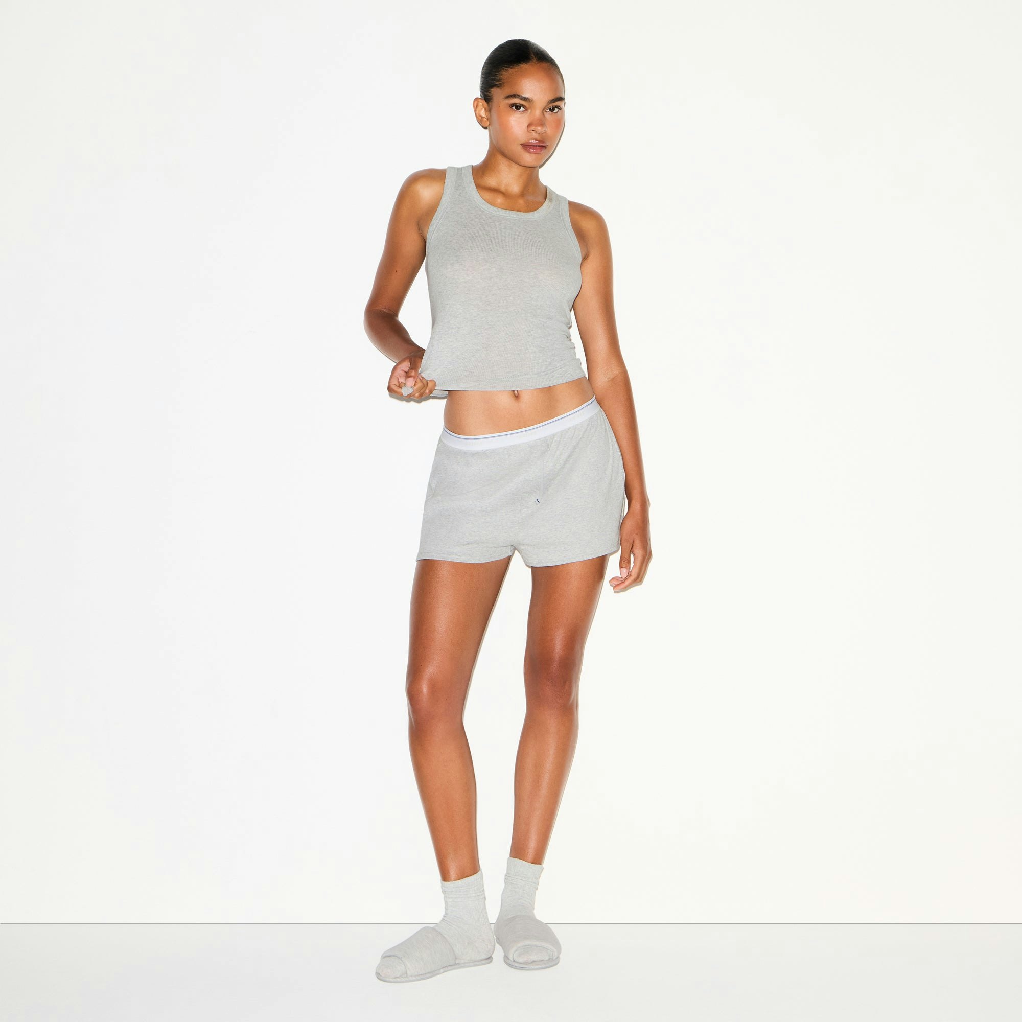 COTTON RIB SCOOP TANK AND SHORT SET | LIGHT HEATHER GREY ON A MODEL FRONT VIEW @ | FOCUS: 0.0, 1.0, 0.9