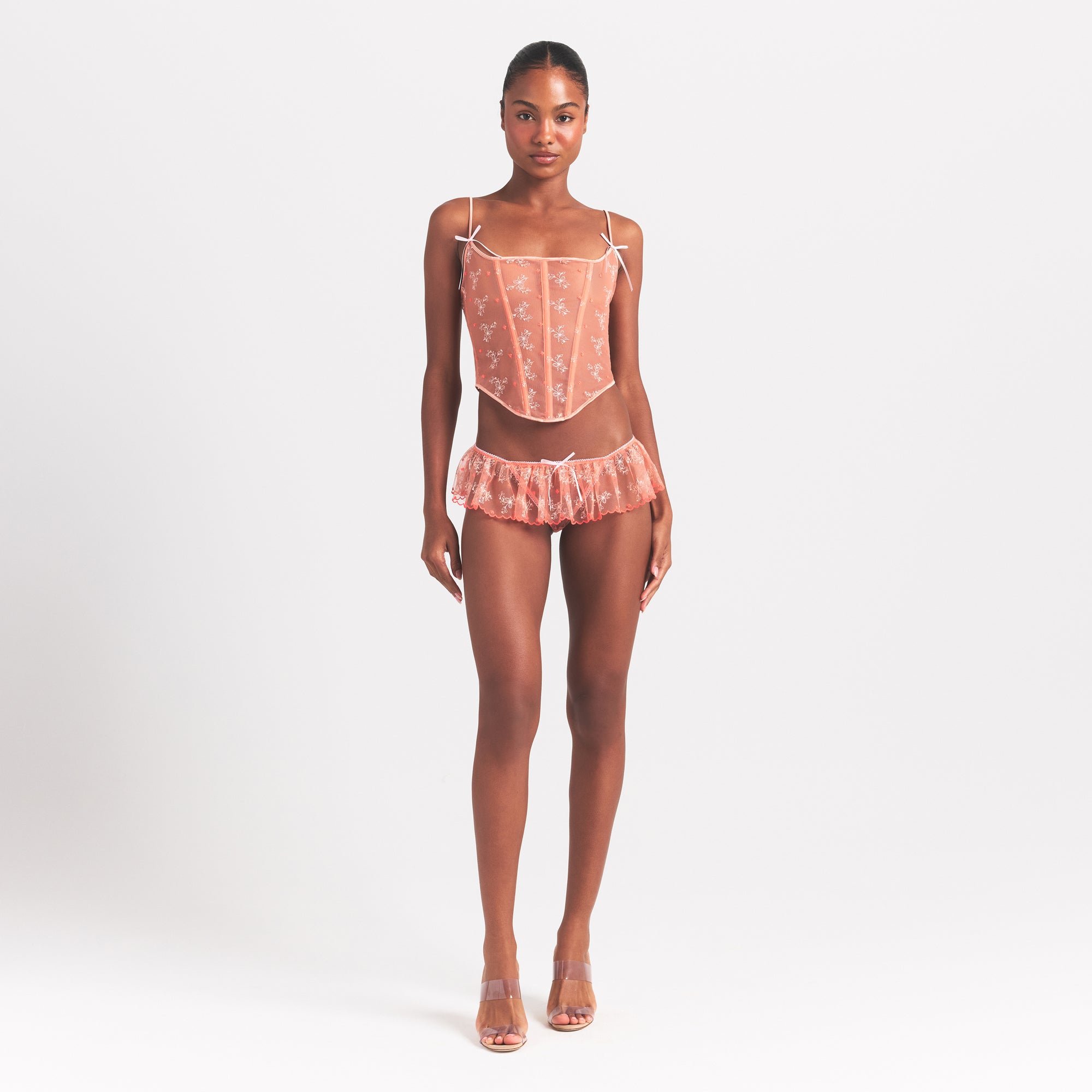 EMBROIDERED TULLE CORSET | GUAVA HEART TULLE ON A MODEL FRONT VIEW @ | FOCUS: 0.0, 1.0, 0.9