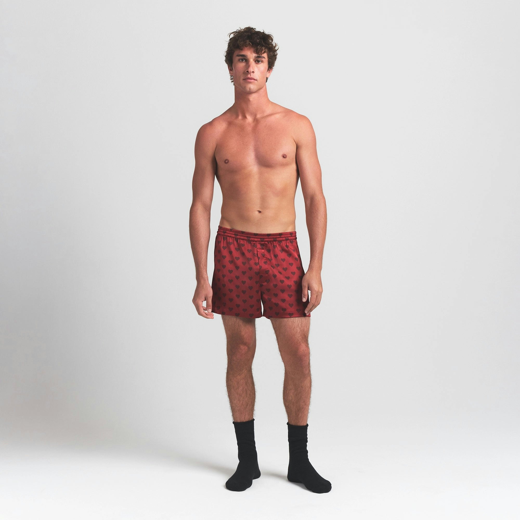 SATEEN SLEEP MENS 3" BOXER SHORT | RED HEART HALFDROP ON A MODEL FRONT VIEW @ | FOCUS: 0.0, 1.0, 0.9