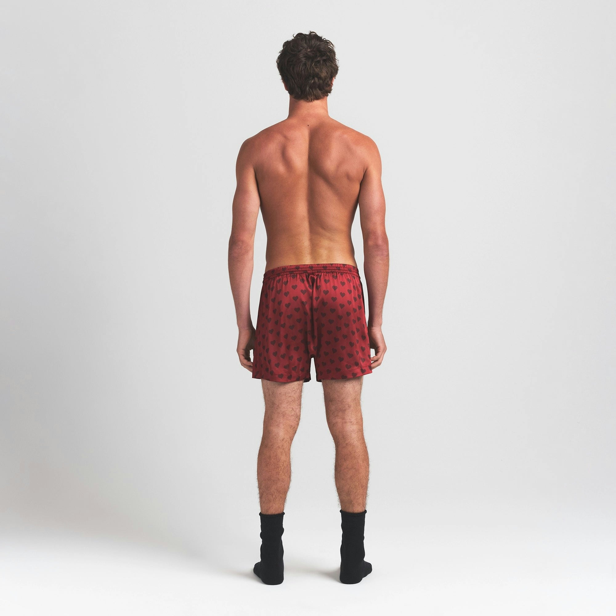SATEEN SLEEP MENS 3" BOXER SHORT | RED HEART HALFDROP ON A MODEL BACK VIEW @ | FOCUS: 0.0, 1.0, 0.9