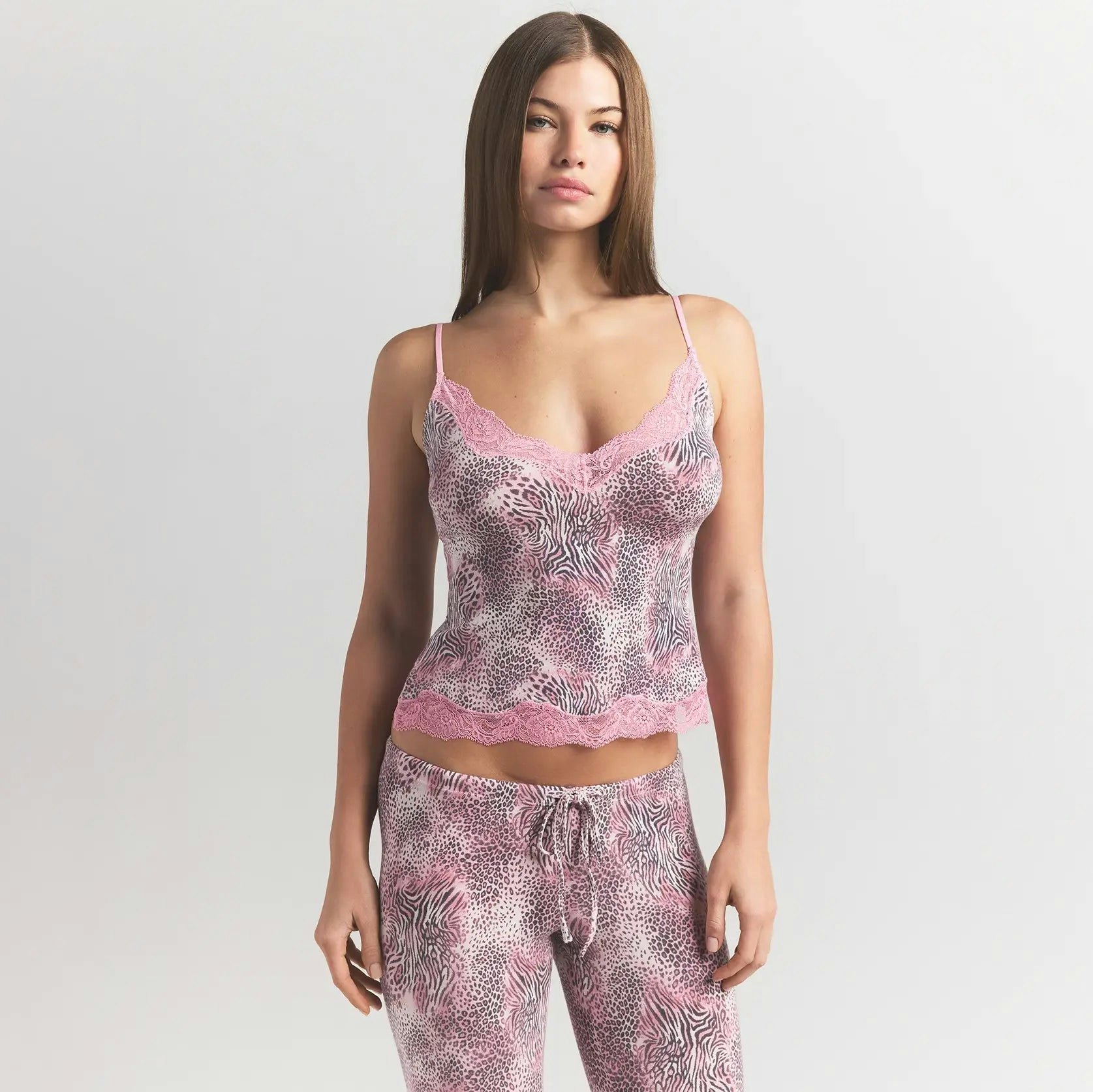 SKIMS SLEEP CAMI AND PANT SET | BLOOM MINI MULTI ANIMAL ON A MODEL FRONT VIEW @ | FOCUS: 0.0, 1.0, 0.9