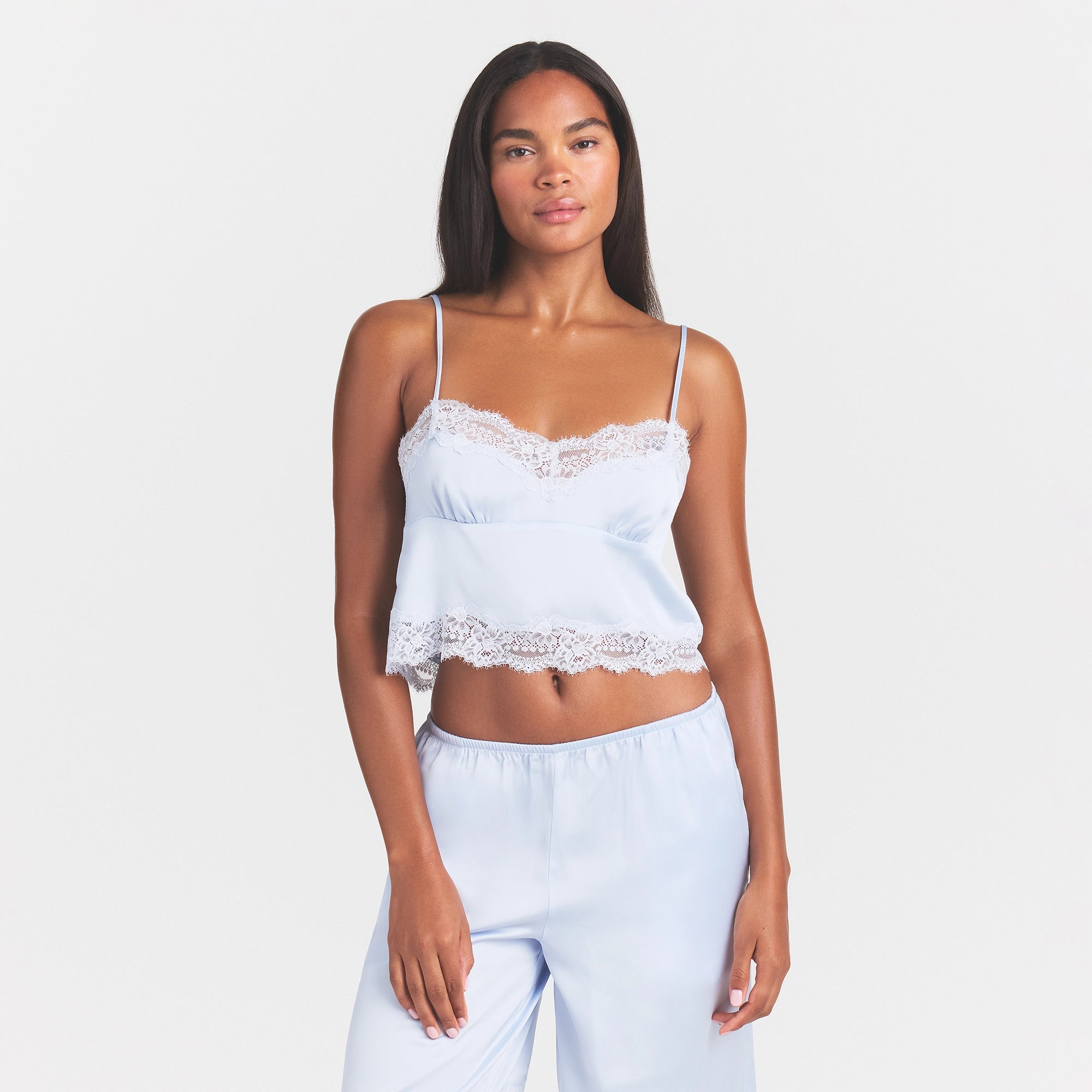 WOVEN SHINE LACE CAMI AND LONG SHORT SLEEP SET | BLUE QUARTZ ON A MODEL FRONT VIEW @ | FOCUS: 0.0, 1.0, 0.9