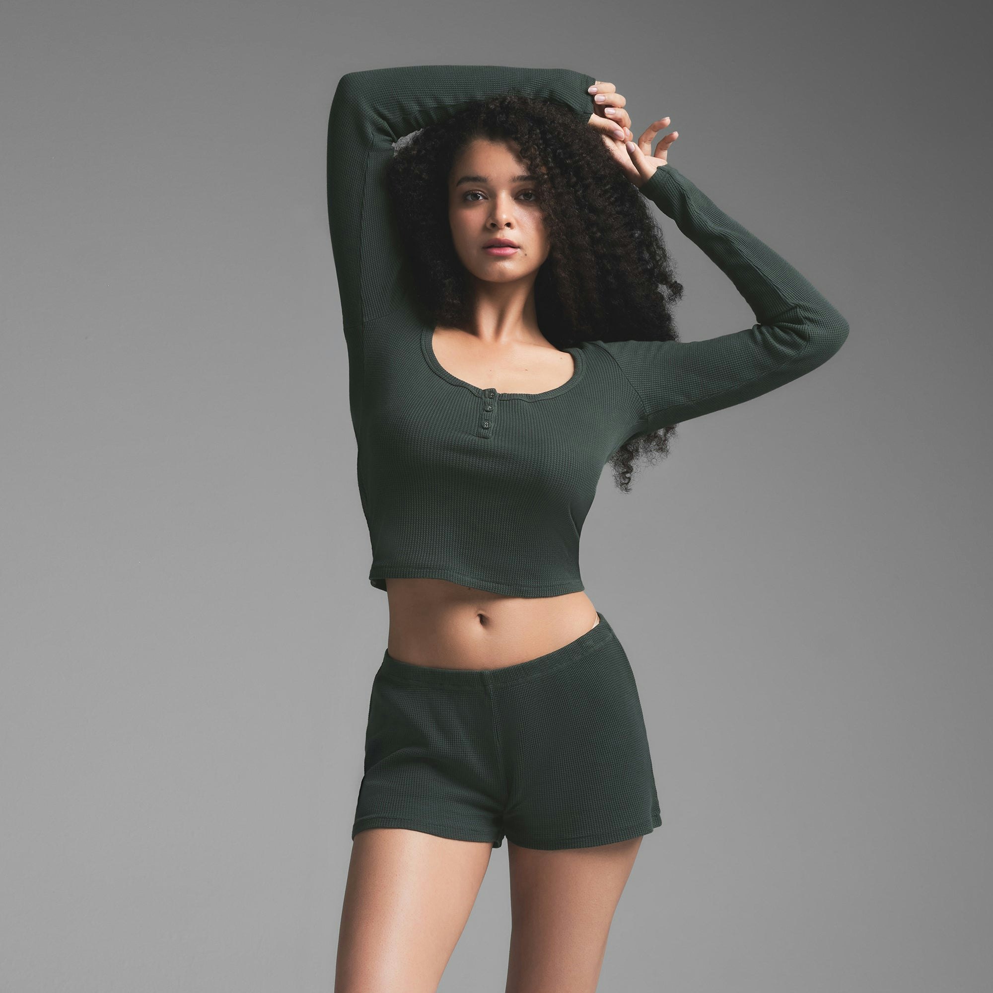 WAFFLE LONG SLEEVE HENLEY AND SHORT SET | SPRUCE ON A MODEL SIDE VIEW