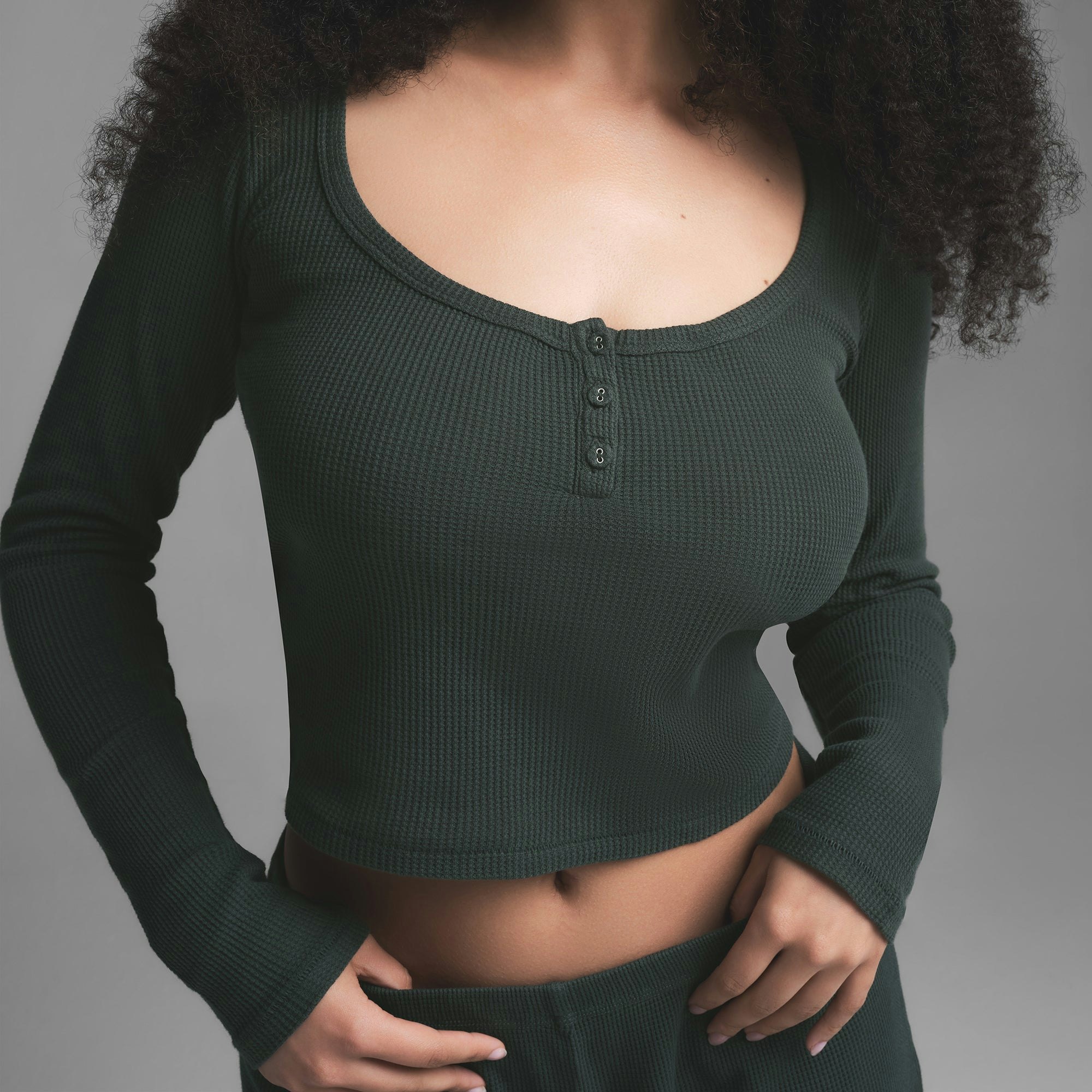 WAFFLE LONG SLEEVE HENLEY AND SHORT SET | SPRUCE ON A MODEL SIDE VIEW