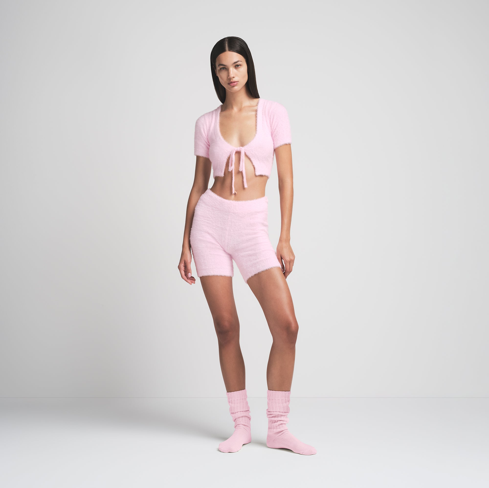 FUZZY KNITS CROP TOP AND SHORT SET BABY PINK
