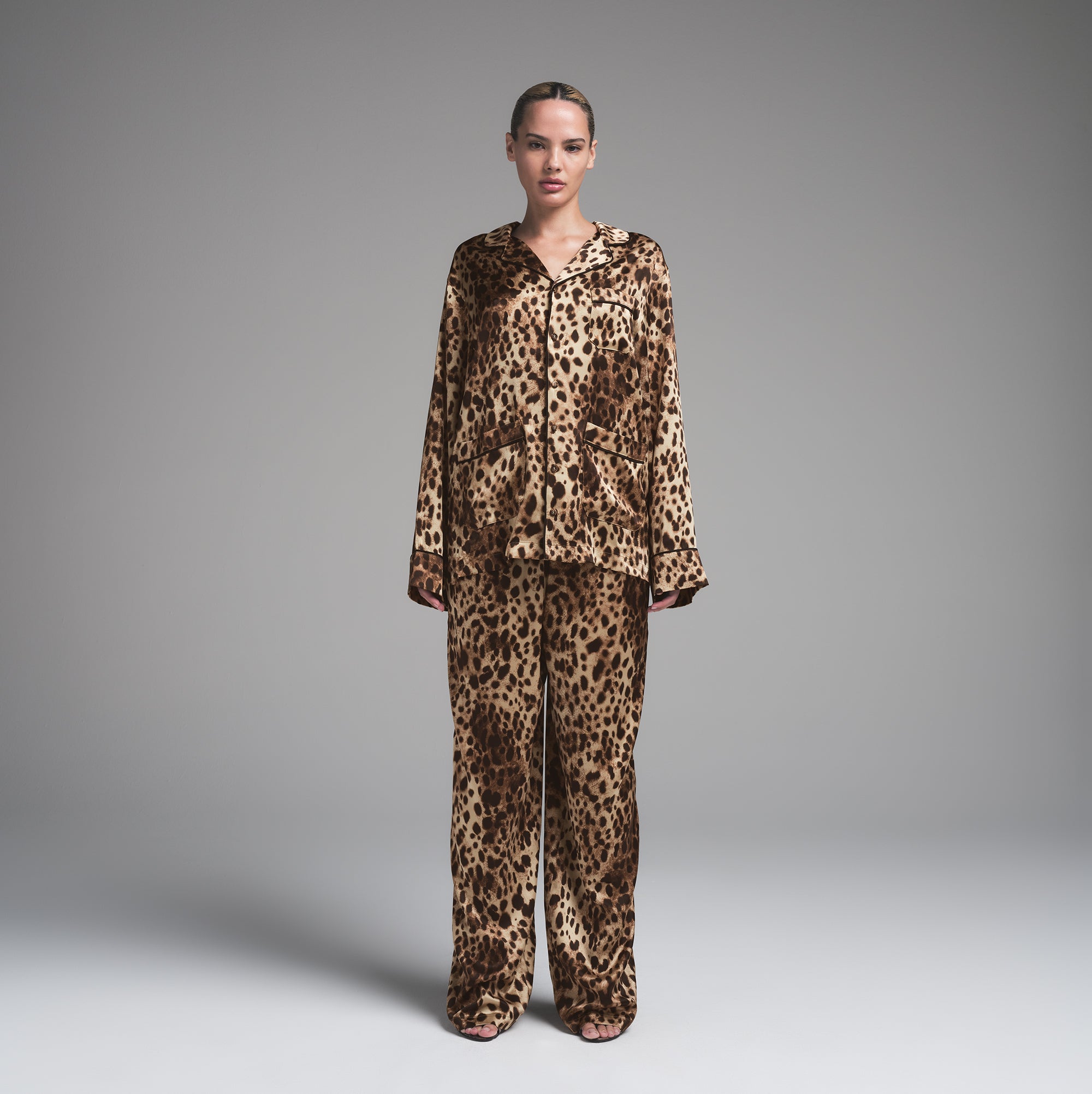 DOLCE&GABBANA X SKIMS SILK LONG SLEEVE SLEEP SET | LEOPARD