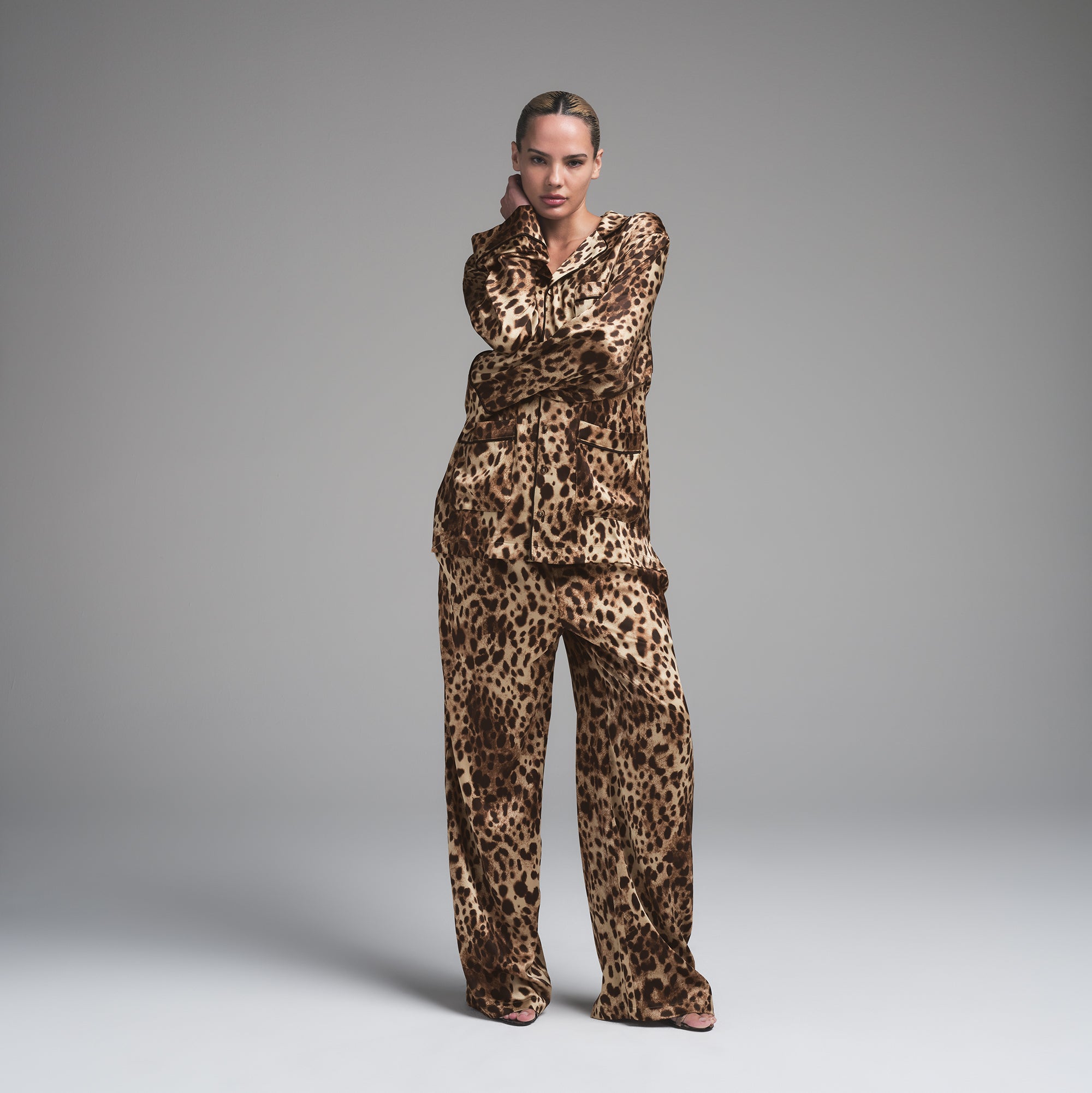 DOLCE GABBANA X SKIMS SILK LONG SLEEVE SLEEP SET LEOPARD