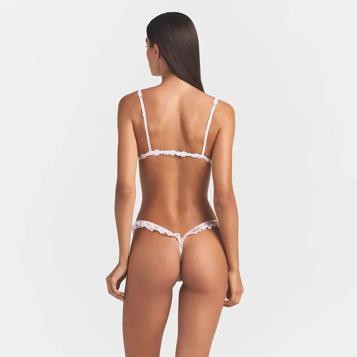 STRETCH LACE TRIANGLE BRALETTE | SNOW VINTAGE FLORAL PRINT ON A MODEL BACK VIEW