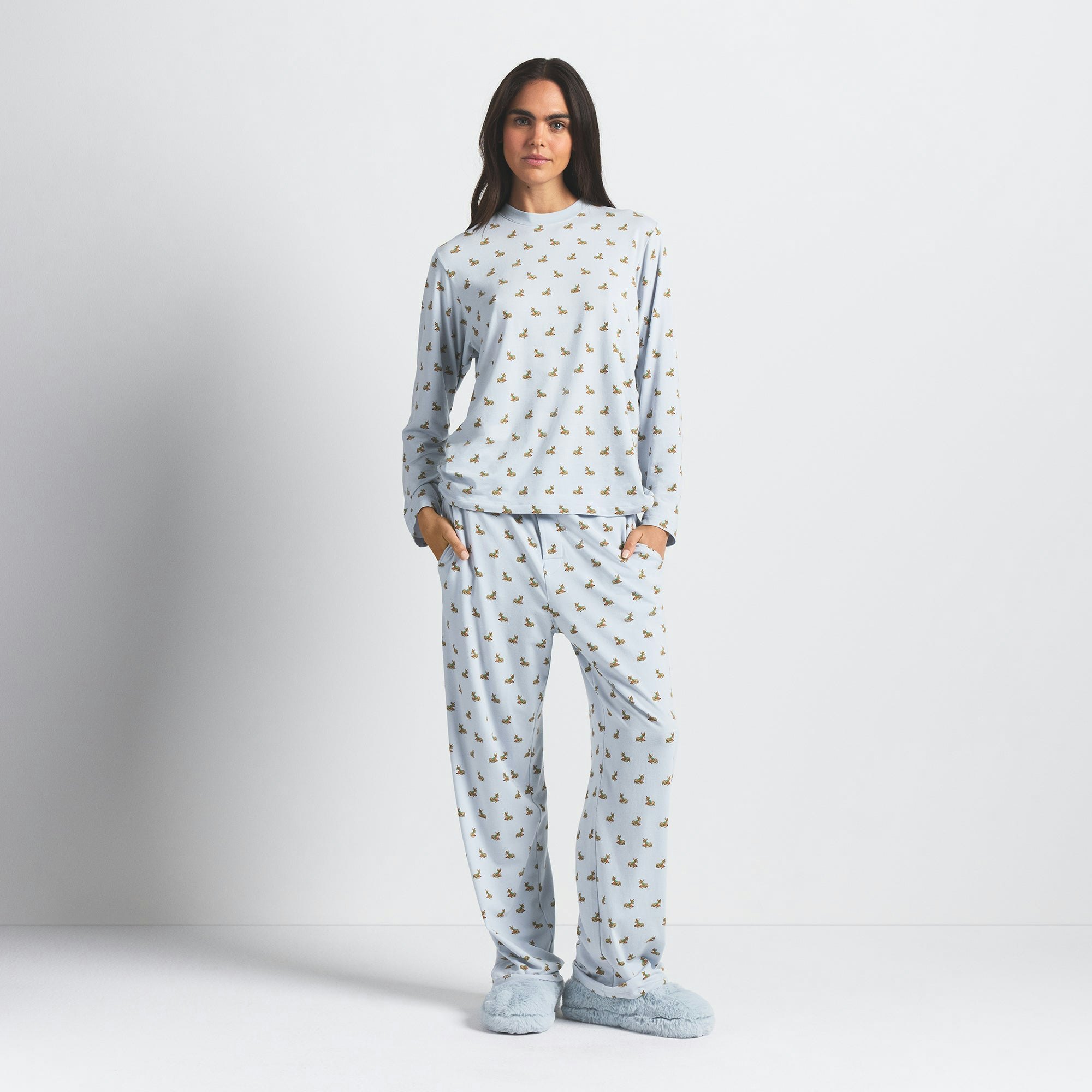 BOYFRIEND LONG SLEEVE T-SHIRT AND LOOSE PANT SET | ZEN BLUE BABY DEER PRINT ON A MODEL FRONT VIEW @ | FOCUS: 0.0, 1.0, 0.9