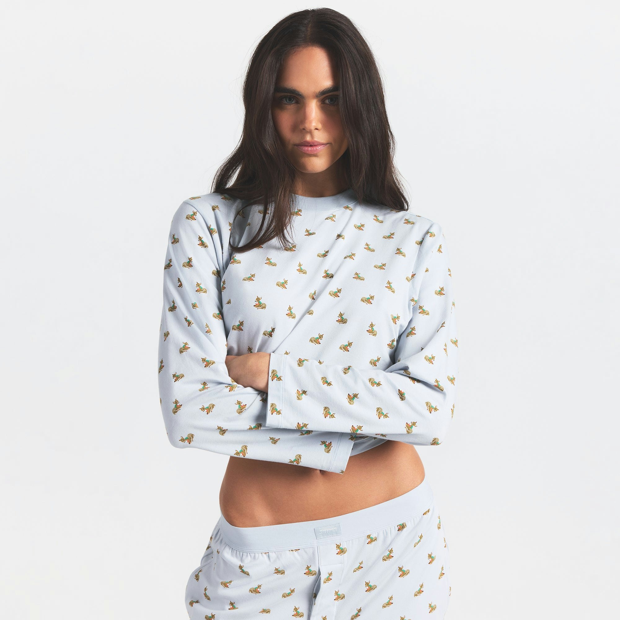 BOYFRIEND LONG SLEEVE T-SHIRT AND LOOSE PANT SET | ZEN BLUE BABY DEER PRINT ON A MODEL FRONT VIEW @ | FOCUS: 0.0, 1.0, 0.9