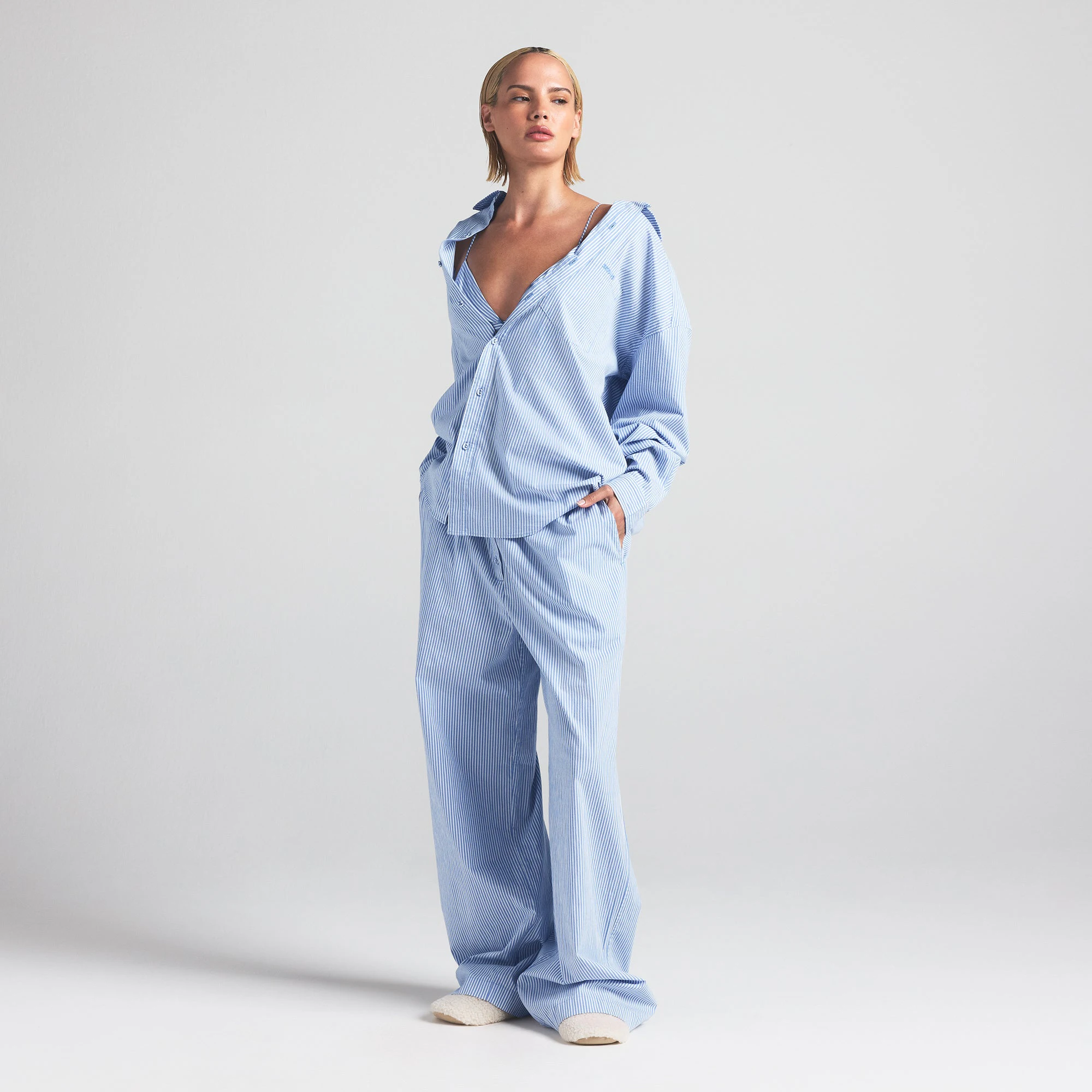 COTTON POPLIN OVERSIZED SLEEP SET | CADET STRIPE ON A MODEL FRONT VIEW | FOCUS: 0.0, 1.0, 0.9