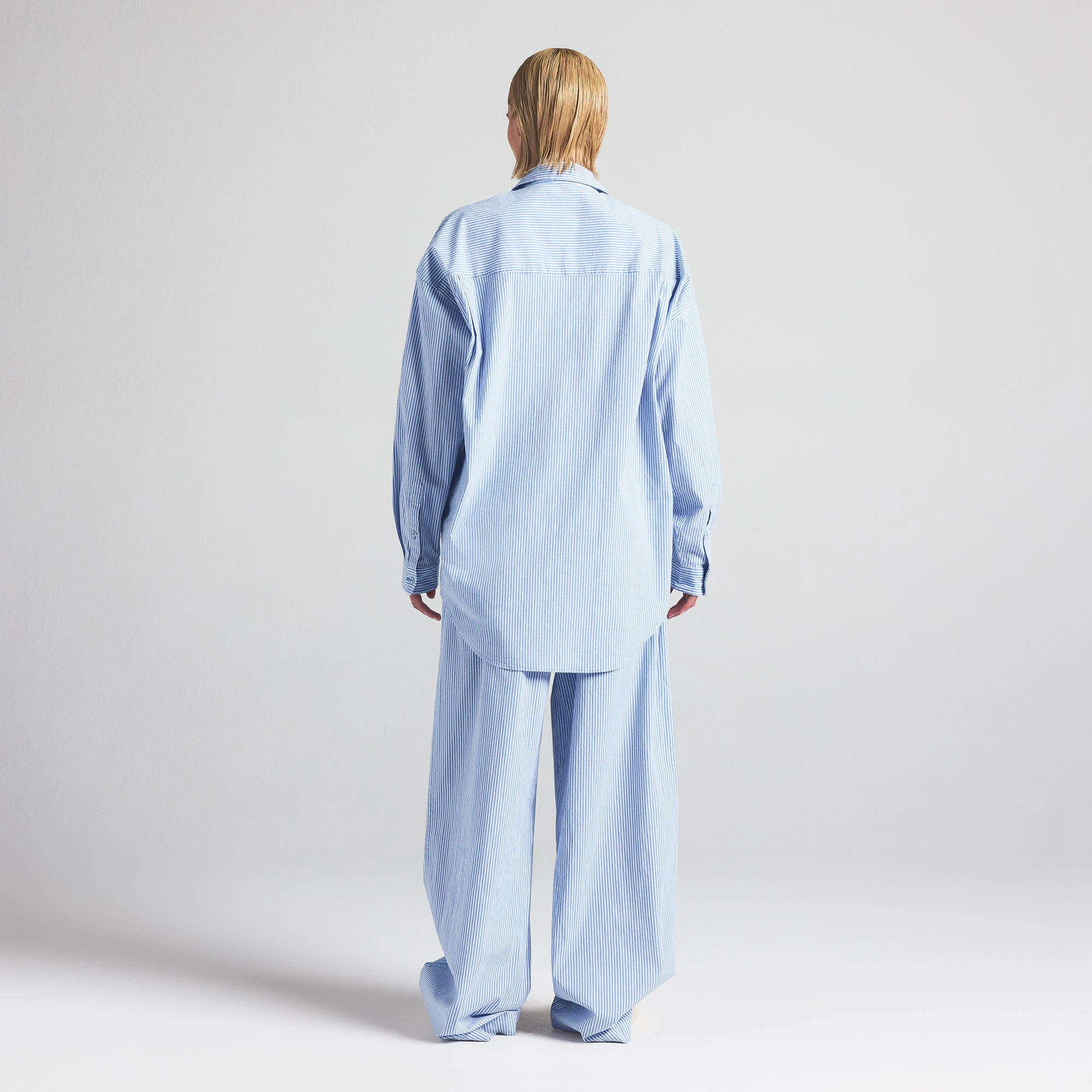 COTTON POPLIN OVERSIZED SLEEP SET | CADET STRIPE ON A MODEL BACK VIEW | FOCUS: 0.0, 1.0, 0.9