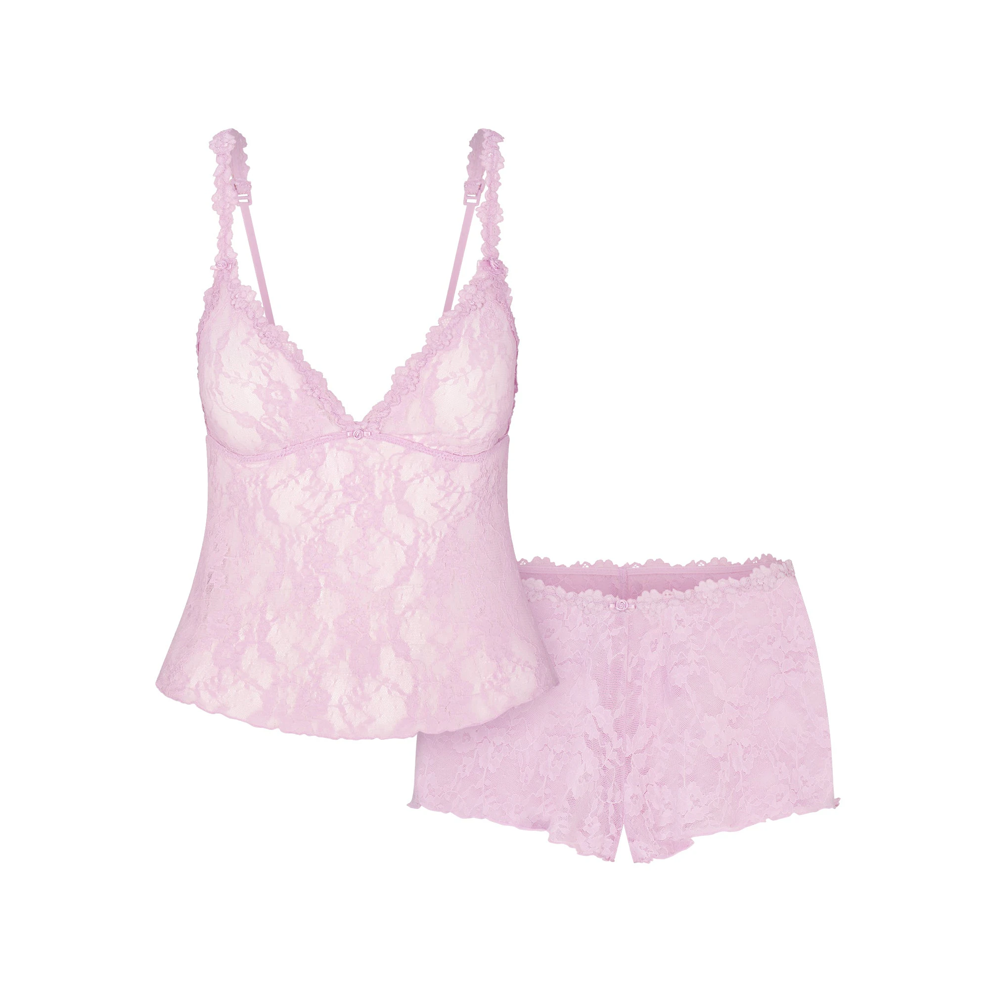 STRETCH LACE TRIANGLE CAMI AND SHORT SET | BABY PINK FLAT ON A WHITE BACKGROUND | FLT