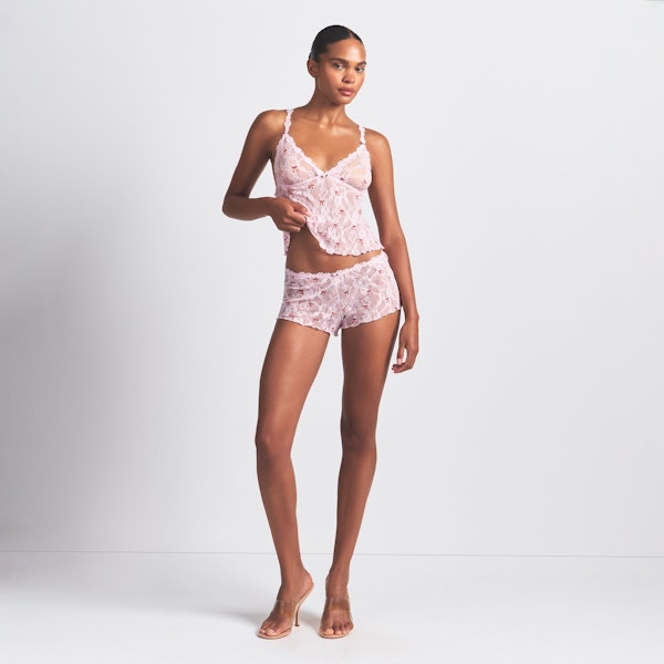 STRETCH LACE TRIANGLE CAMI AND SHORT SET | CHERRY BLOSSOM BOW PRINT ON A MODEL FRONT VIEW @ | FOCUS: 0.0, 1.0, 0.9