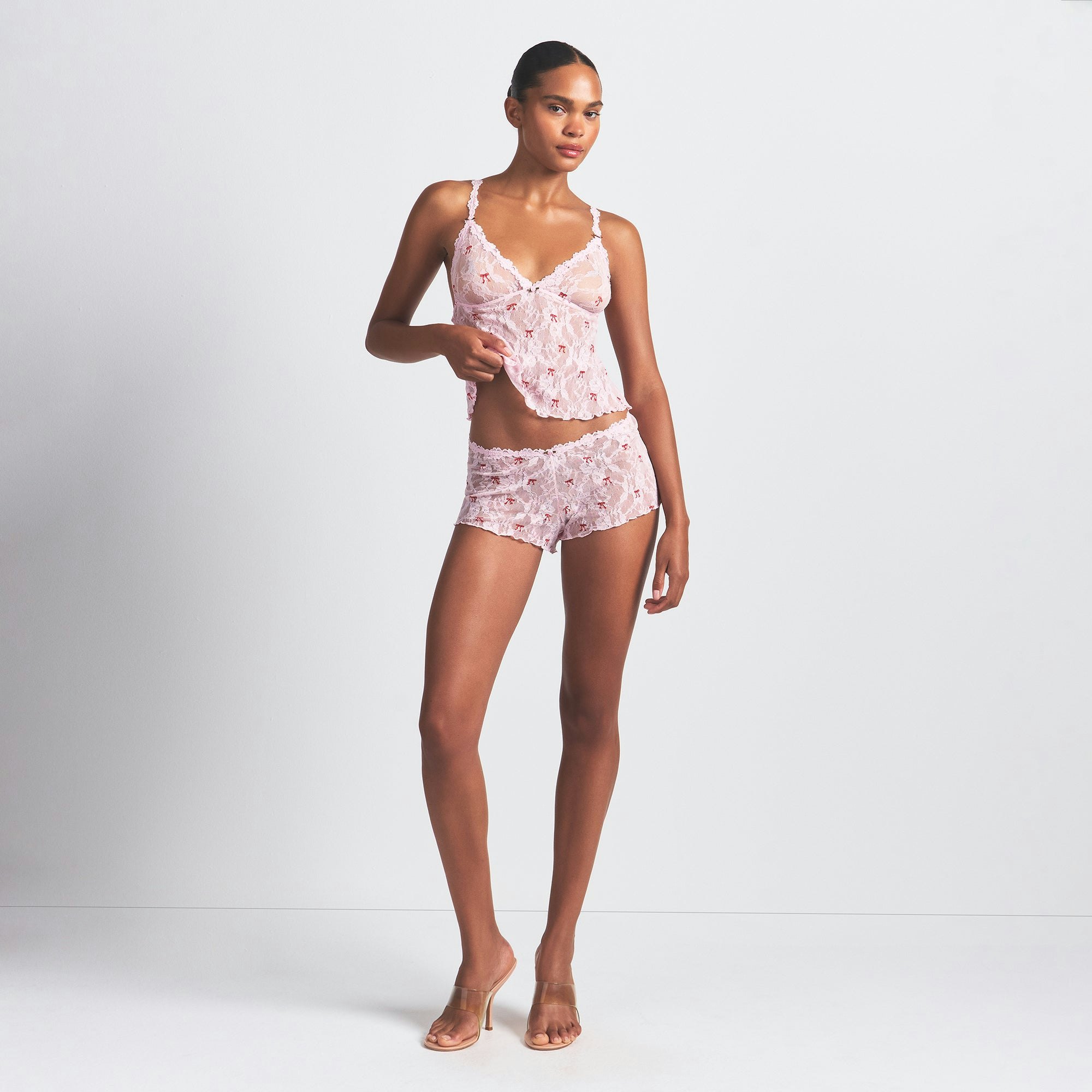 STRETCH LACE TRIANGLE CAMI AND SHORT SET | CHERRY BLOSSOM BOW PRINT ON A MODEL FRONT VIEW @ | FOCUS: 0.0, 1.0, 0.9
