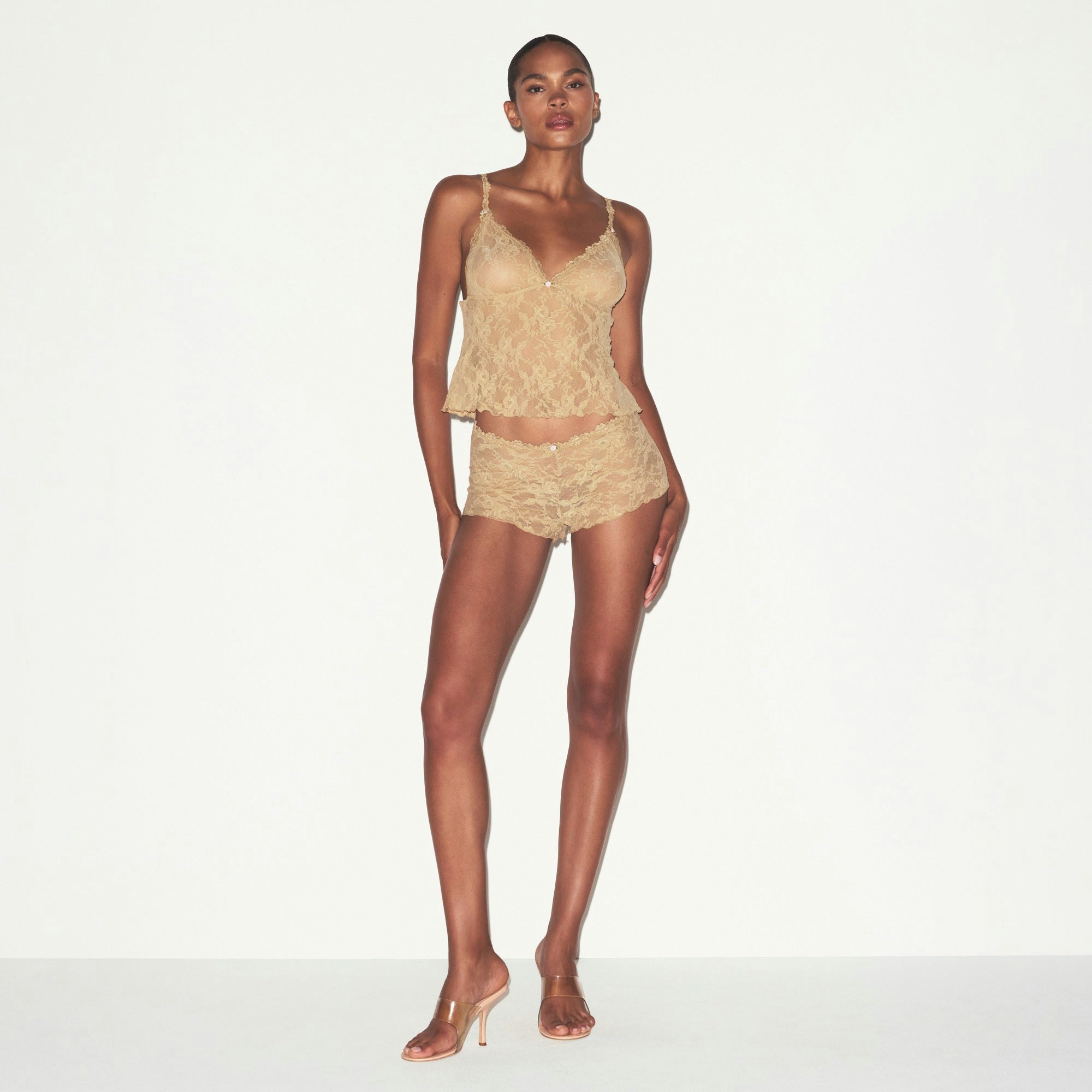 STRETCH LACE TRIANGLE CAMI AND SHORT SET | DELTA ON A MODEL FRONT VIEW @ | FOCUS: 0.0, 1.0, 0.9