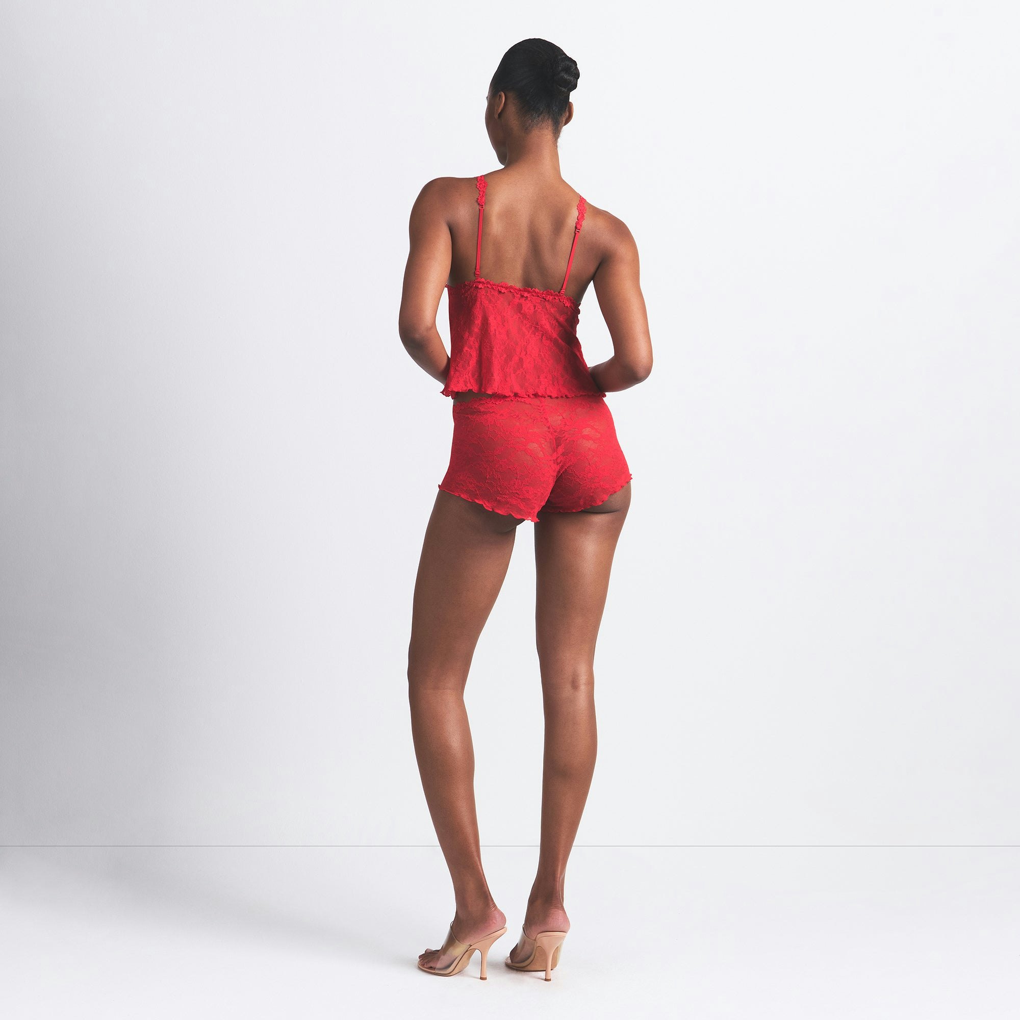 STRETCH LACE TRIANGLE CAMI AND SHORT SET | RED ON A MODEL BACK VIEW @ | FOCUS: 0.0, 1.0, 0.9