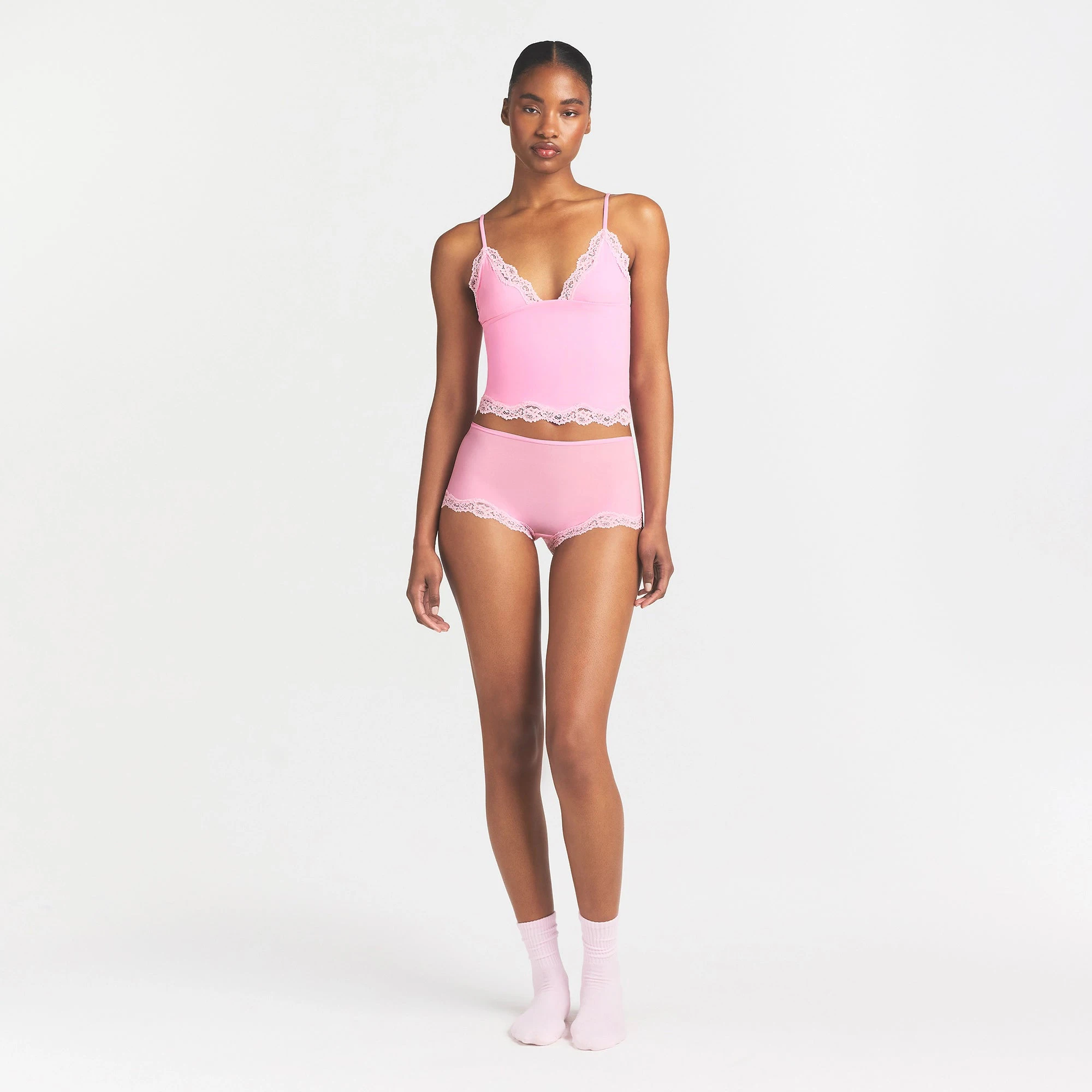 FITS EVERYBODY LACE TRIANGLE CAMI AND BOY SHORT SET | BUBBLE GUM TONAL ON A MODEL FRONT VIEW @ | FOCUS: 0.0, 1.0, 0.9