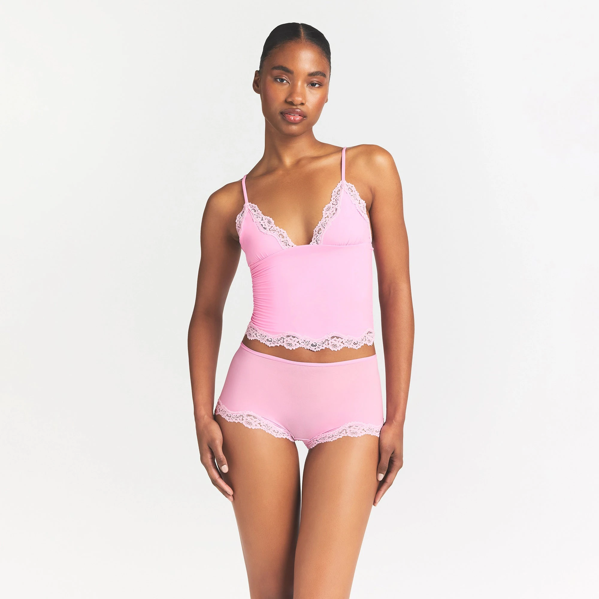 FITS EVERYBODY LACE TRIANGLE CAMI AND BOY SHORT SET | BUBBLE GUM TONAL ON A MODEL FRONT VIEW @ | FOCUS: 0.0, 1.0, 0.9